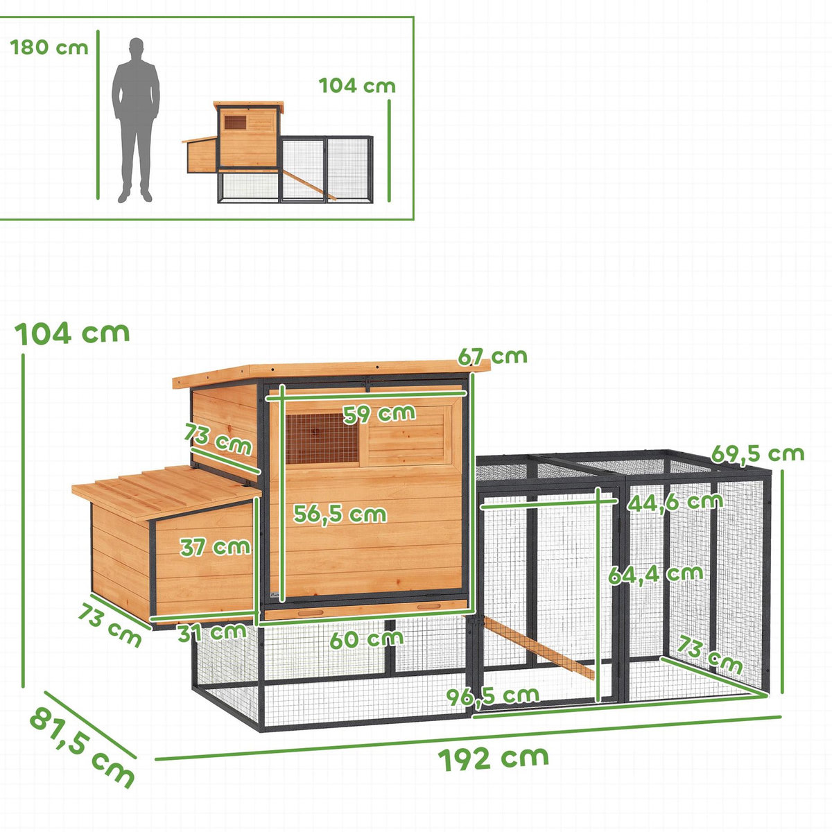 PAWHUT Poulailler bois surélevé avec enclos acier - 2 pondoirs, 3 portes, toits ouvrants - 192x81x104cm