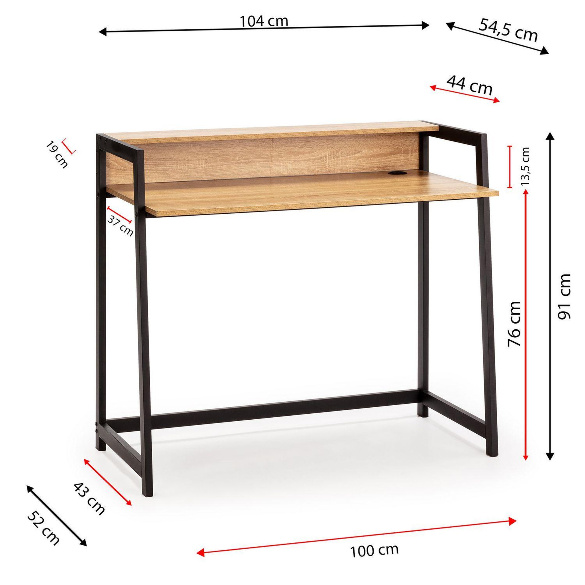 Voir la diapositive 4 : VS VENTA-STOCK Bureau Naia noir, 1 étagère, style industriel, 105 cm longueur
