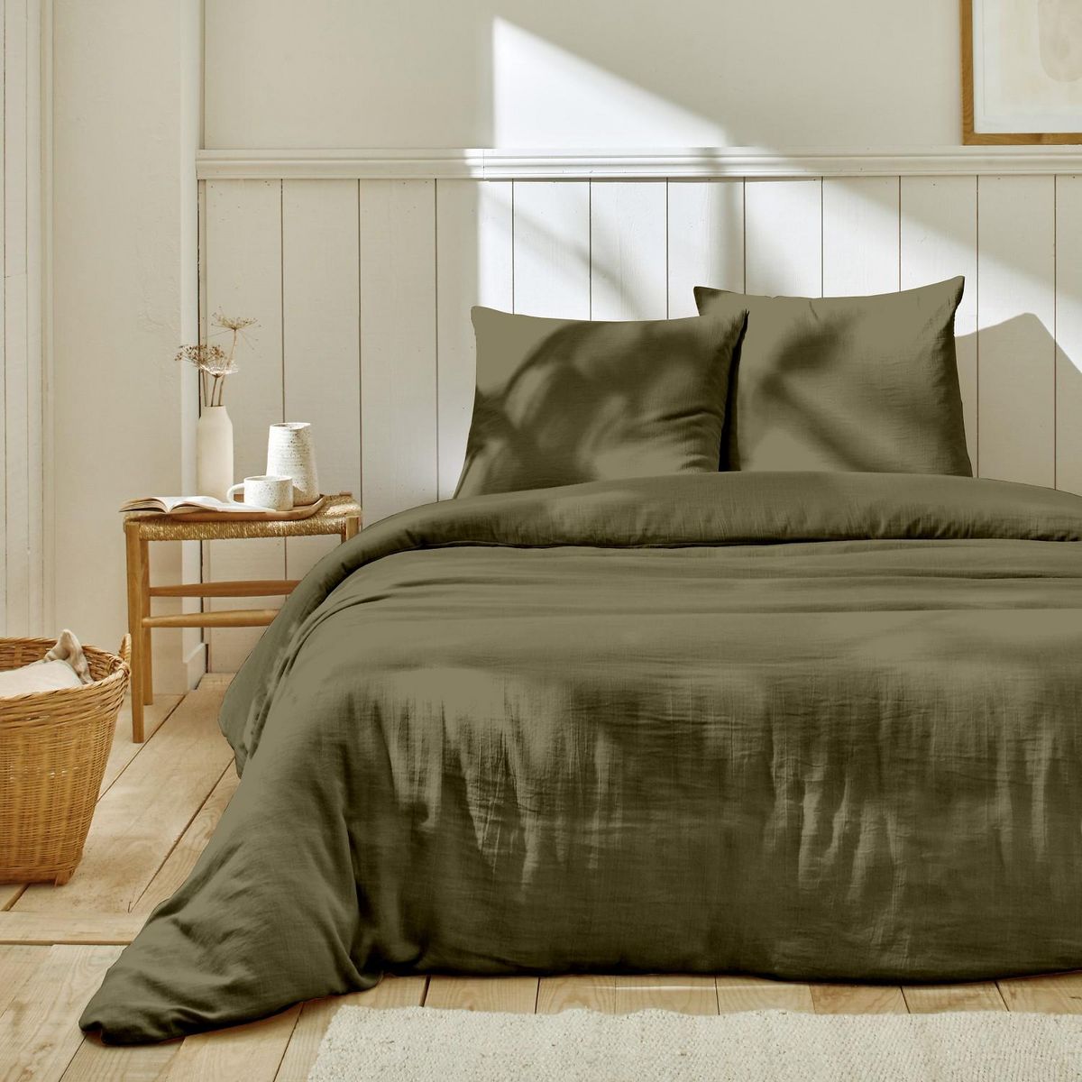 Home collection Parure de couette 260x240cm 100% gaze de coton kaki