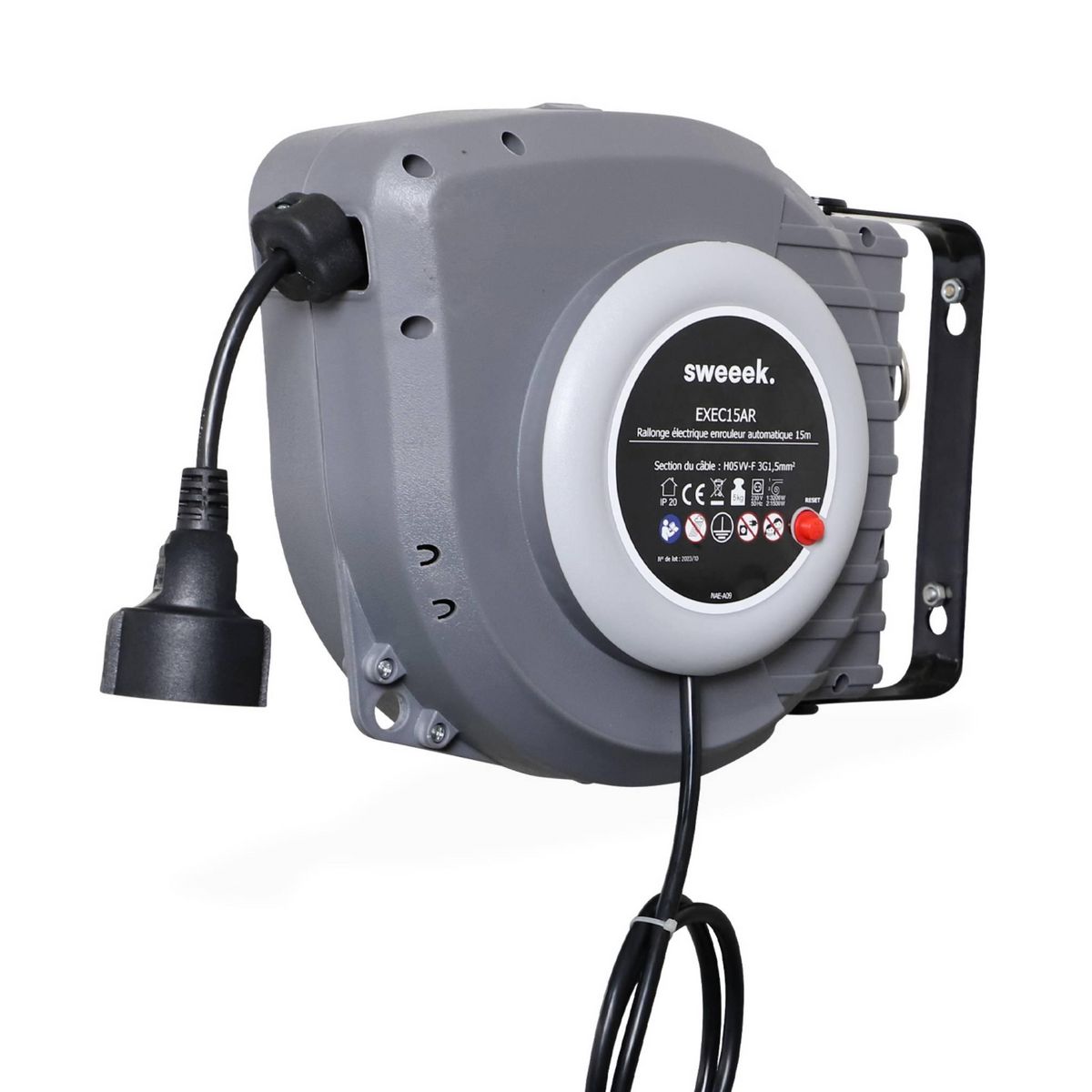 SWEEEK VOLTR - Rallonge électrique murale câble de 15m . enrouleur de jardin automatique avec sécurité thermique. 3200W
