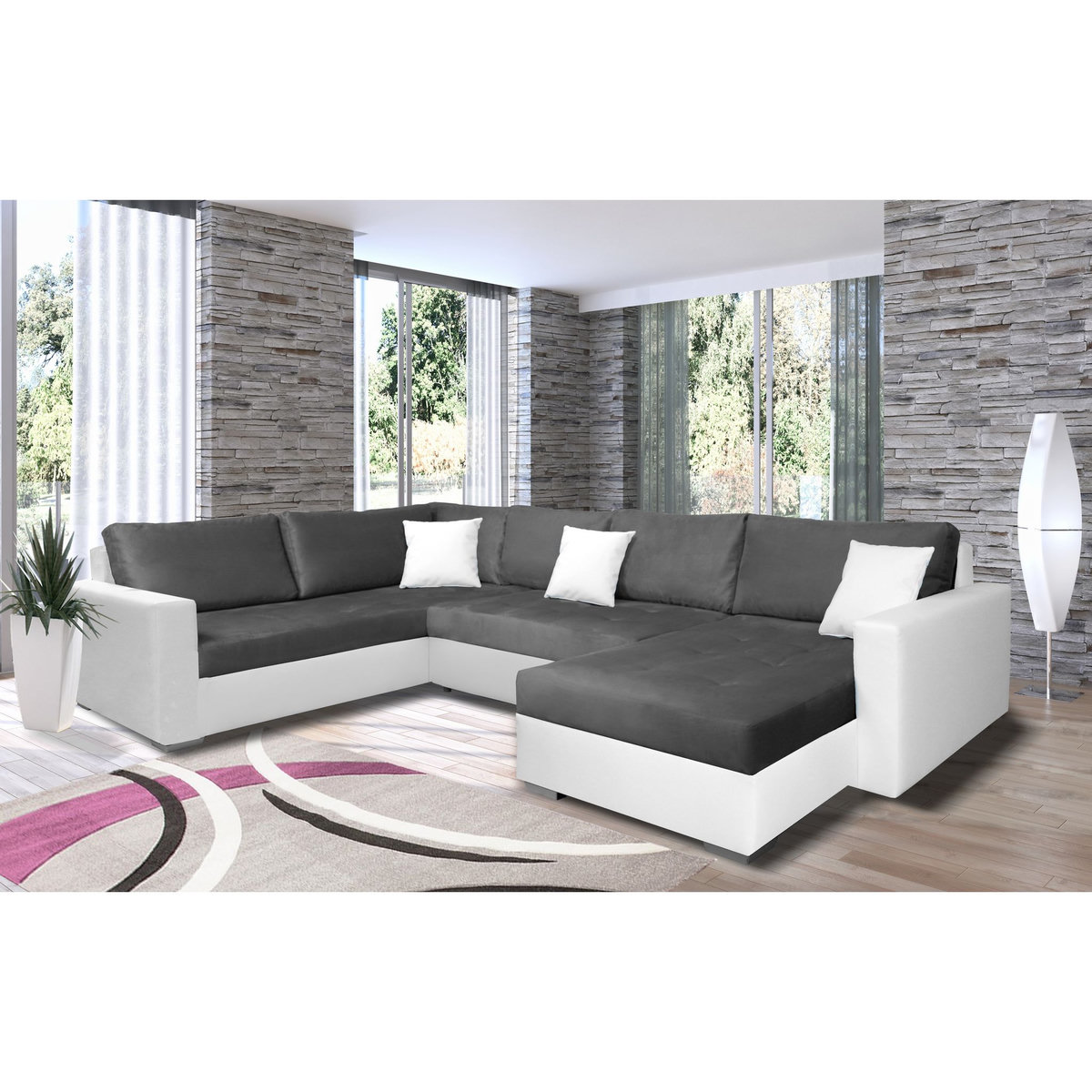 Canapé d'angle gauche panoramique convertible 5 places tissu simili avec coffre MAGNUS