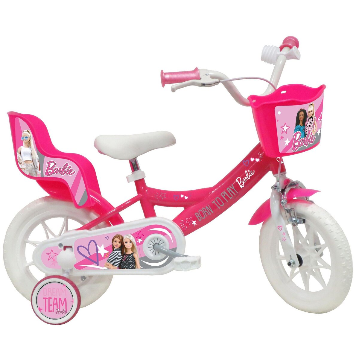 Vélo 12 Fille Licence BARBIE pour enfant de 3 à 5 ans avec stabilisateurs à  molettes pas cher 