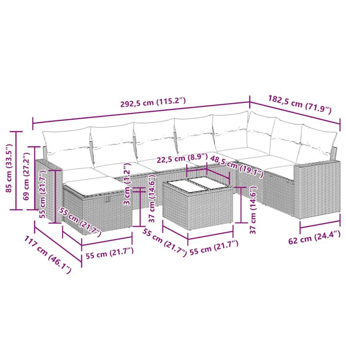 VIDAXL Salon de jardin 9 pcs avec coussins gris clair resine tressee