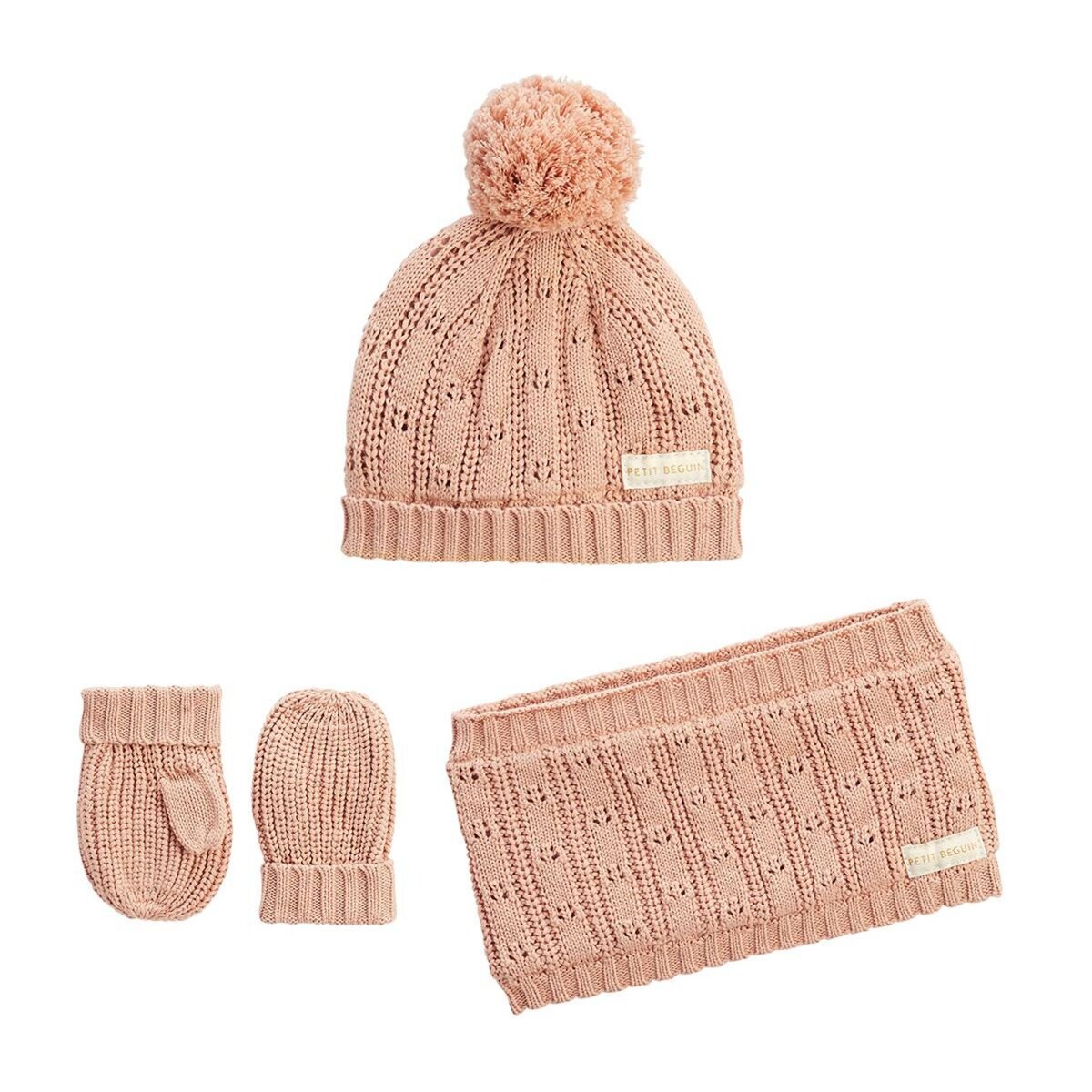 Petit Béguin Ensemble bonnet, moufles et cache-cou enfant en tricot Esmée