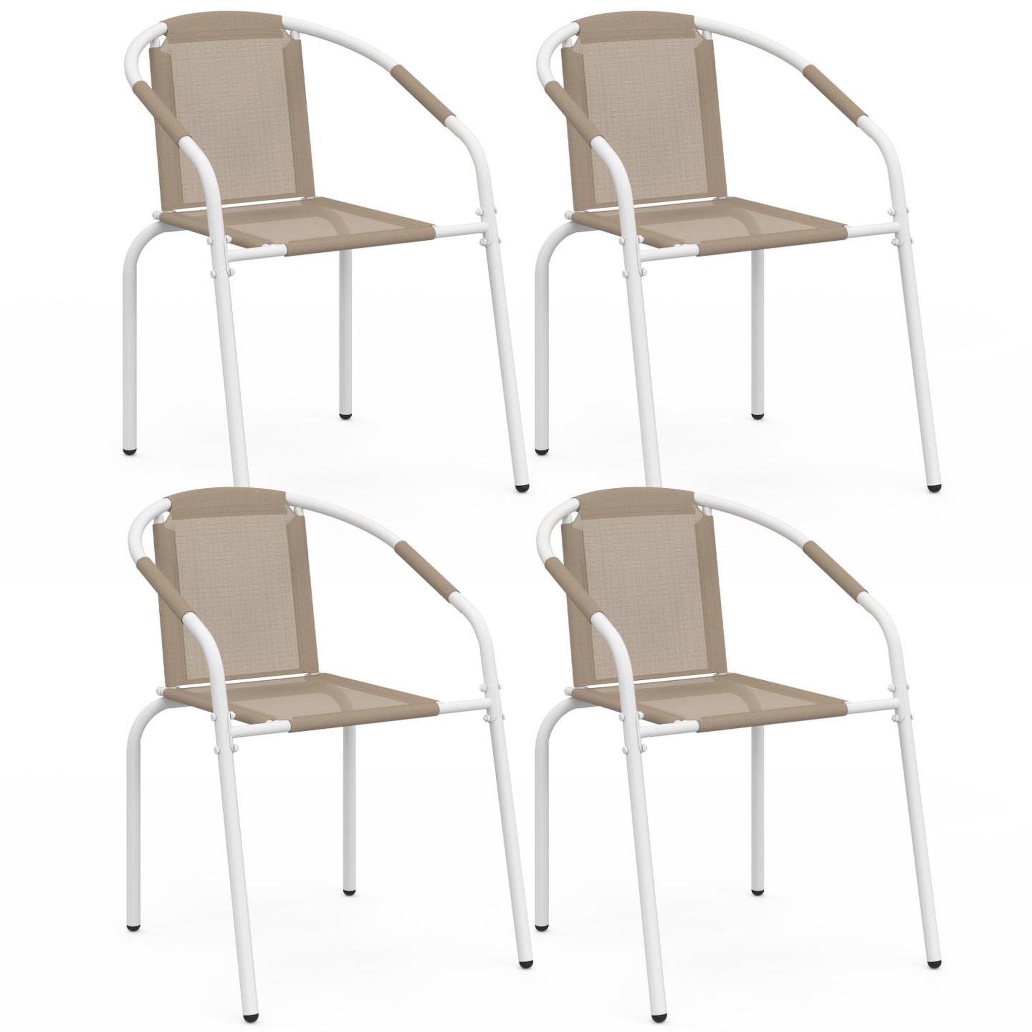ID MARKET Lot de 4 chaises de jardin THELMA métal et textilène empilables blanc et beige