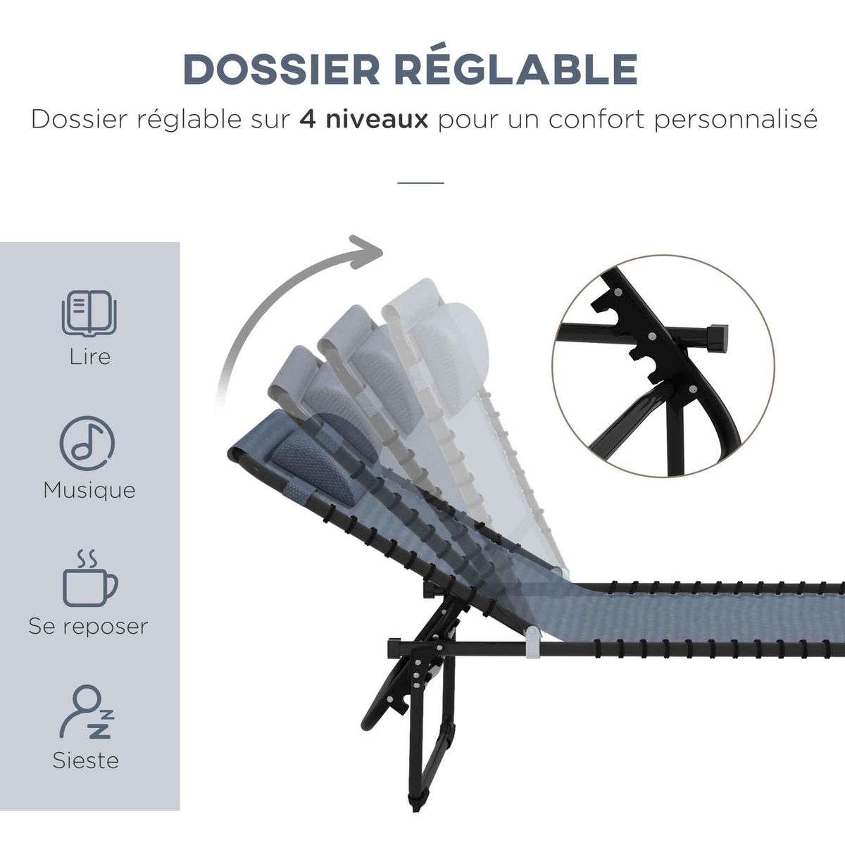 OUTSUNNY Lot de 2 bains de soleil transats pliables inclinables acier lacets élastiques noir textilène gris