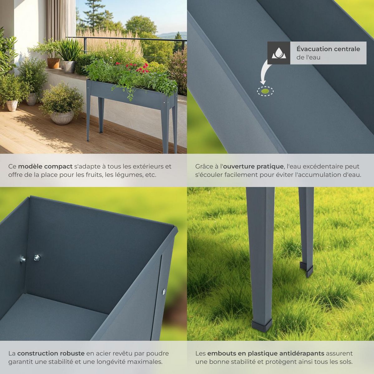 tectake Carré potager sur pied en acier lâqué époxy gris anthracite