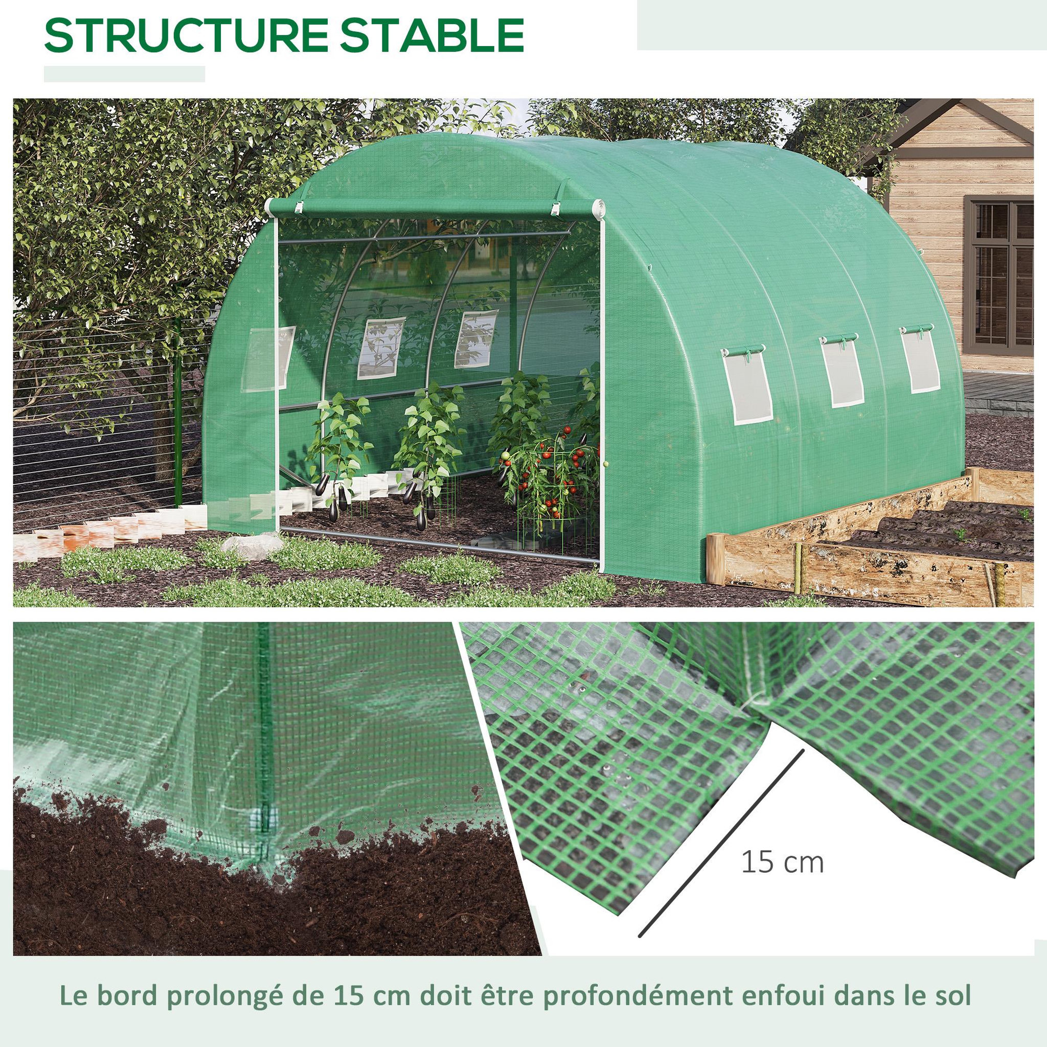 Voir la diapositive 6 : OUTSUNNY Serre tunnel 9 m² dim. 3 x 3 x 2 m - porte enroulable zippée, 6 fenêtres - acier galvanisé pe haute densité vert
