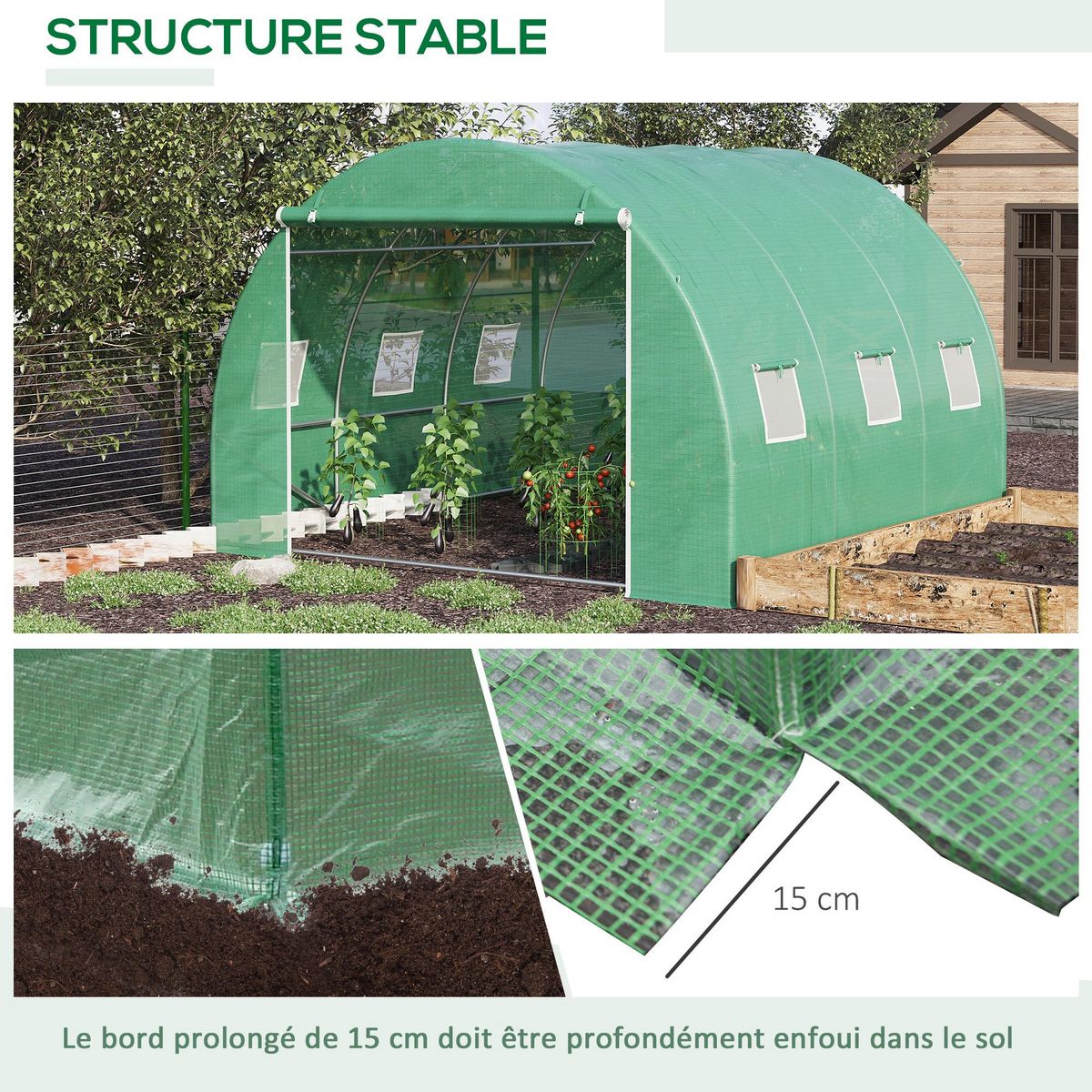 OUTSUNNY Serre tunnel 9 m² dim. 3 x 3 x 2 m - porte enroulable zippée, 6 fenêtres - acier galvanisé PE haute densité vert