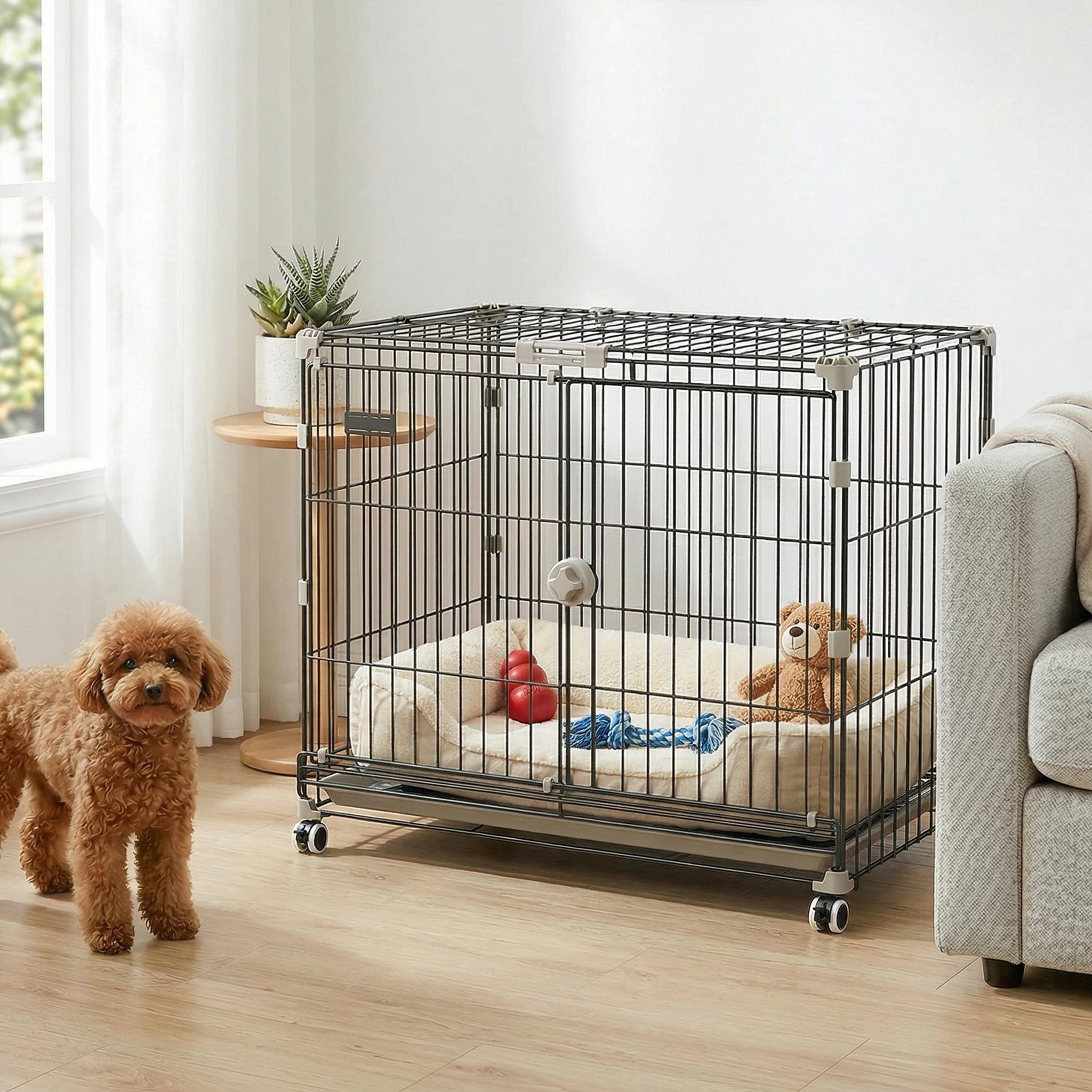 Voir la diapositive 6 : PAWHUT Cage pour chien pliable, plateau amovible, roues avec freins, toit ouvrant verrouillable, porte de nourrissage, niche chien interieur pour petits et moyens chiens, 75,5x46x64,5cm, noir