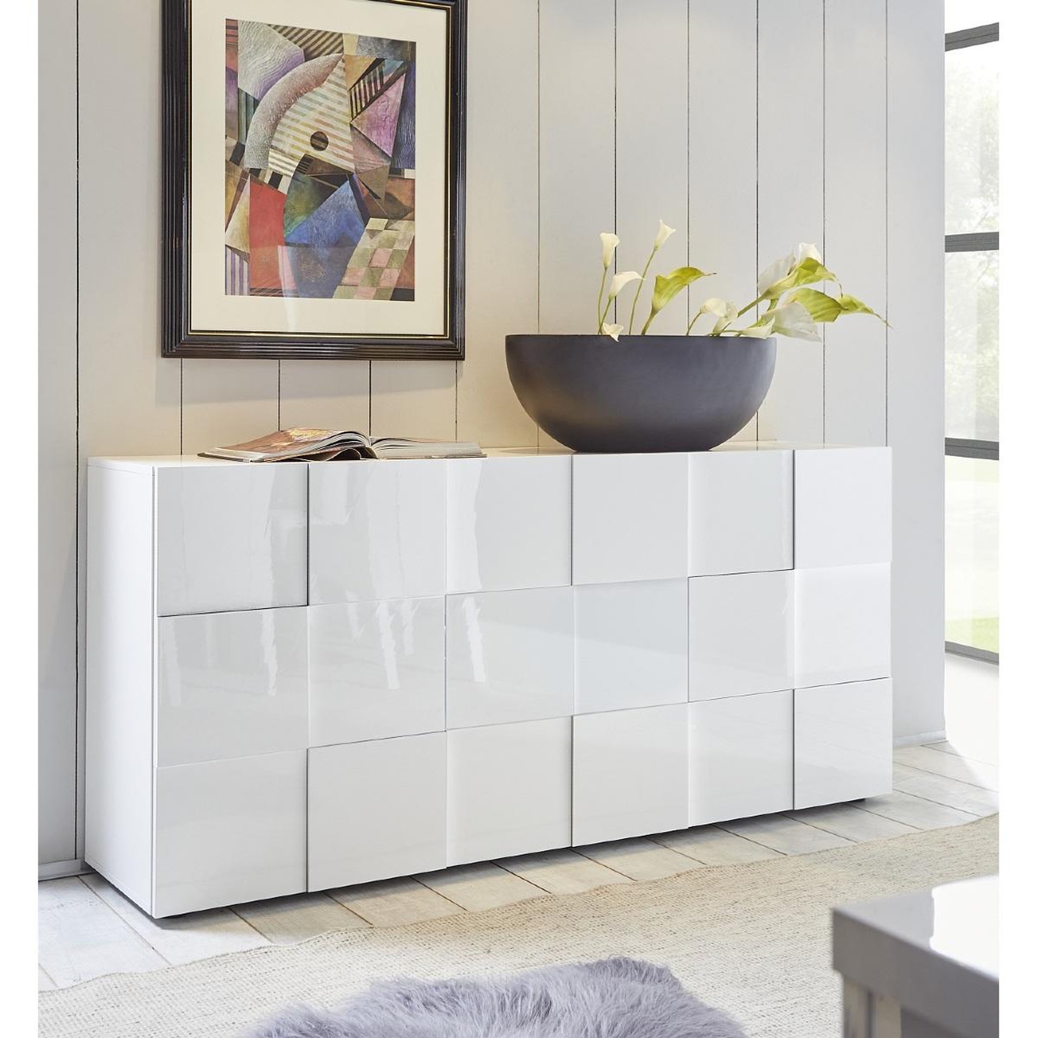 Voir la diapositive 2 : JLC KREATION Buffet bas design laqué blanc 3 portes mado
