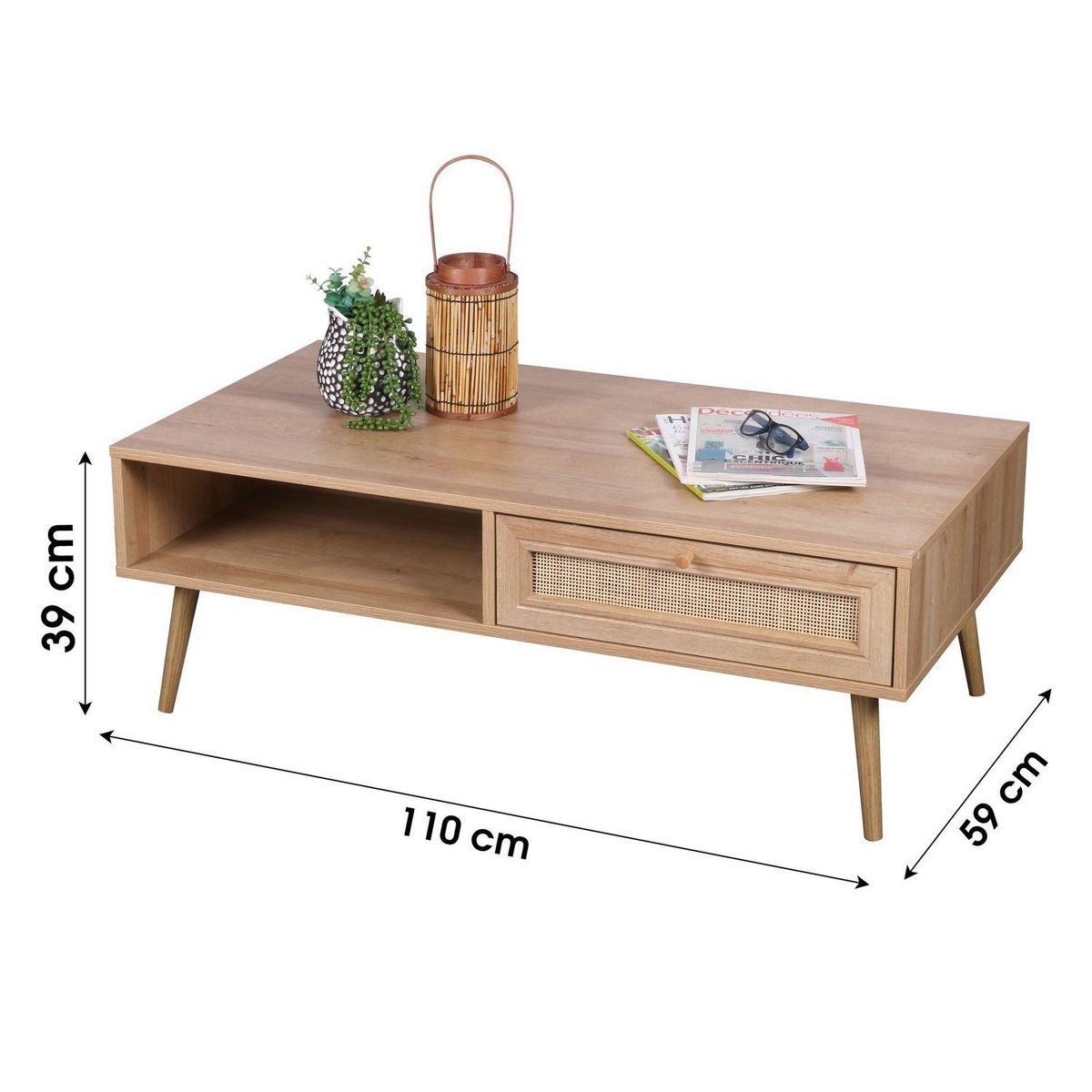 TOILINUX Table basse Bali avec 1 tiroir et 1 niche de rangement