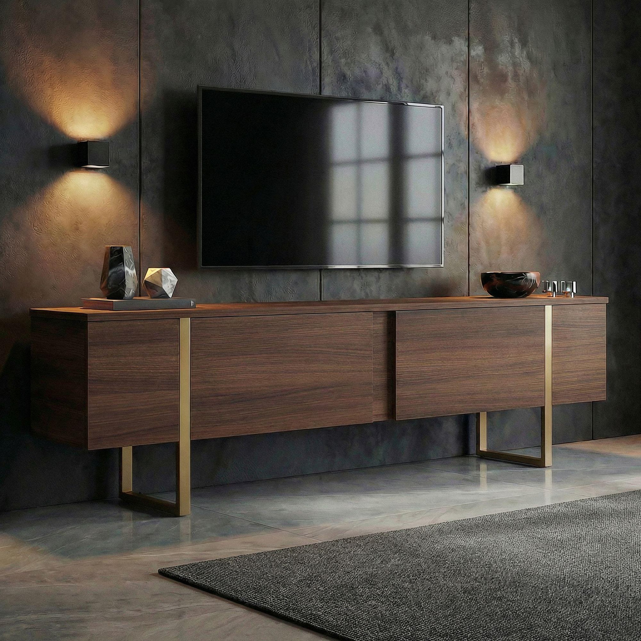 Voir la diapositive 2 : Habitat et Jardin Meuble tv en bois  onera  - 180 x 30 x 50 cm - noyer / or