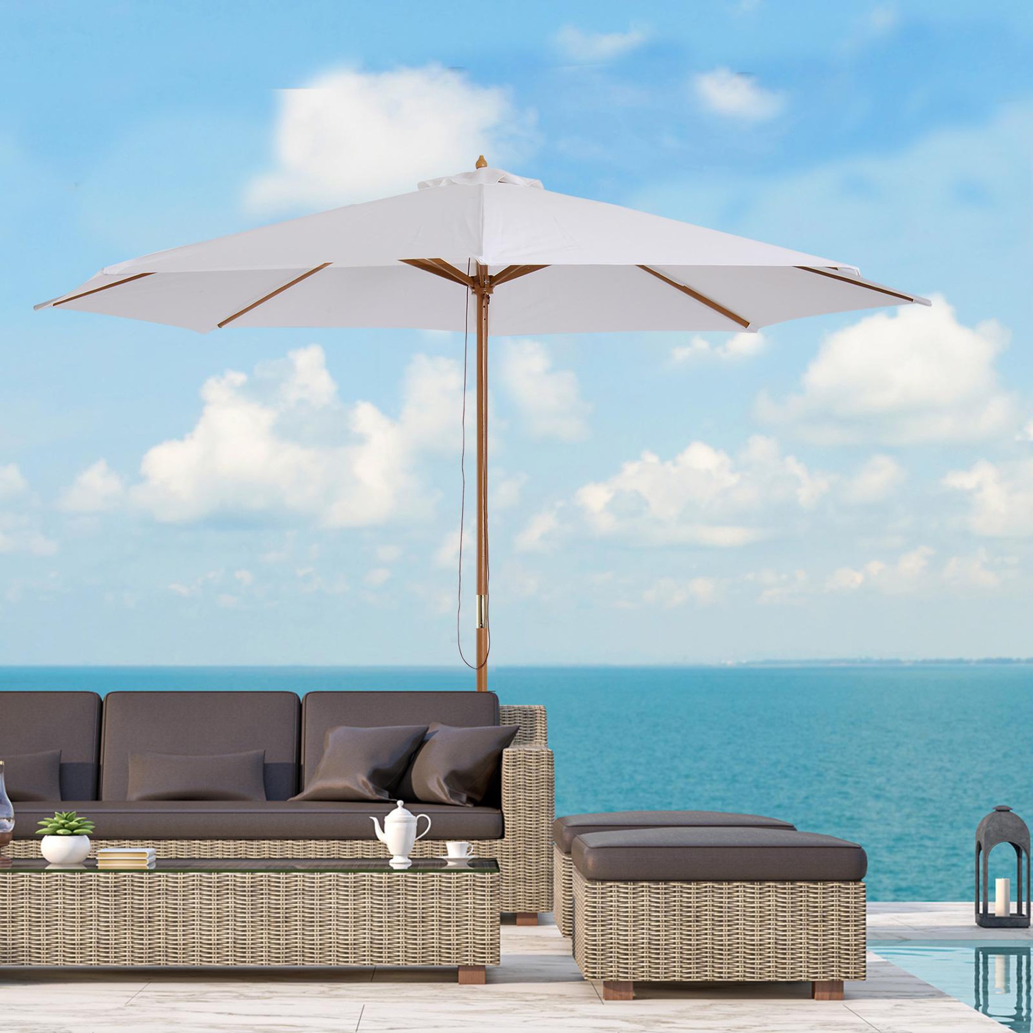 Voir la diapositive 2 : HOMCOM Parasol droit en bois polyester haute densité protection solaire Ø 3 x 2,5 m crème