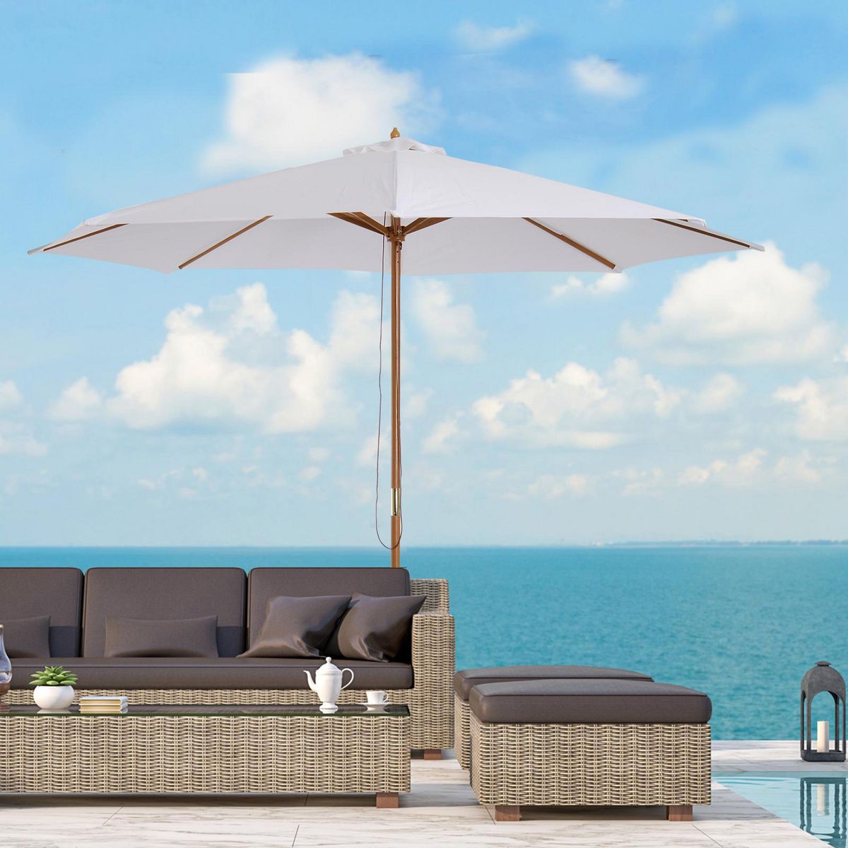 HOMCOM Parasol droit en bois polyester haute densité protection solaire Ø 3 x 2,5 m crème