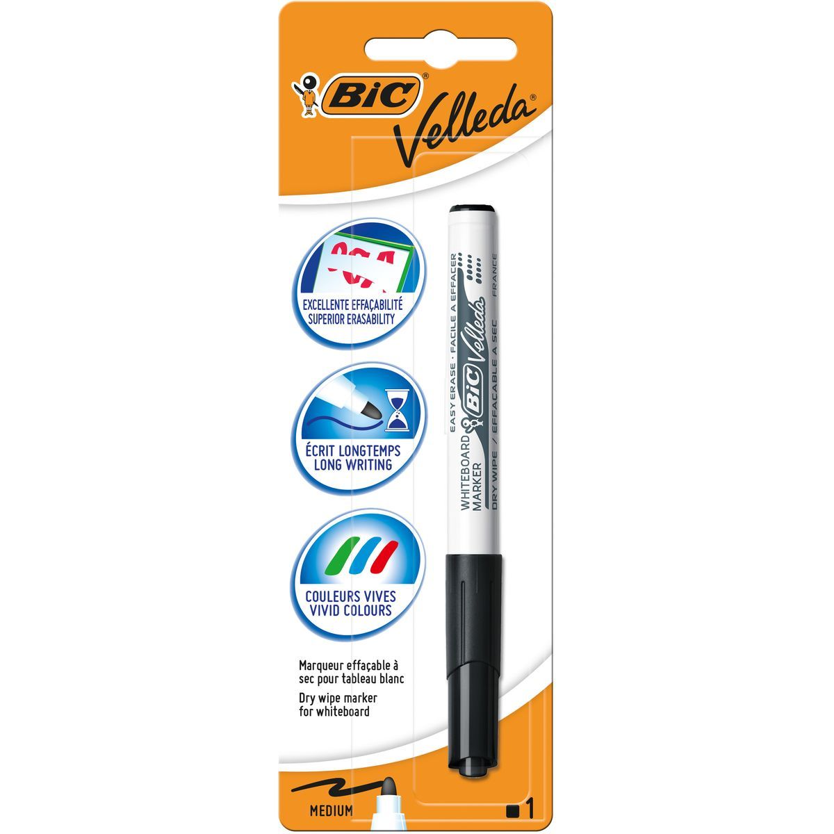 BIC Marqueur pour tableau blanc effaçable à sec pointe moyenne VELLEDA noir