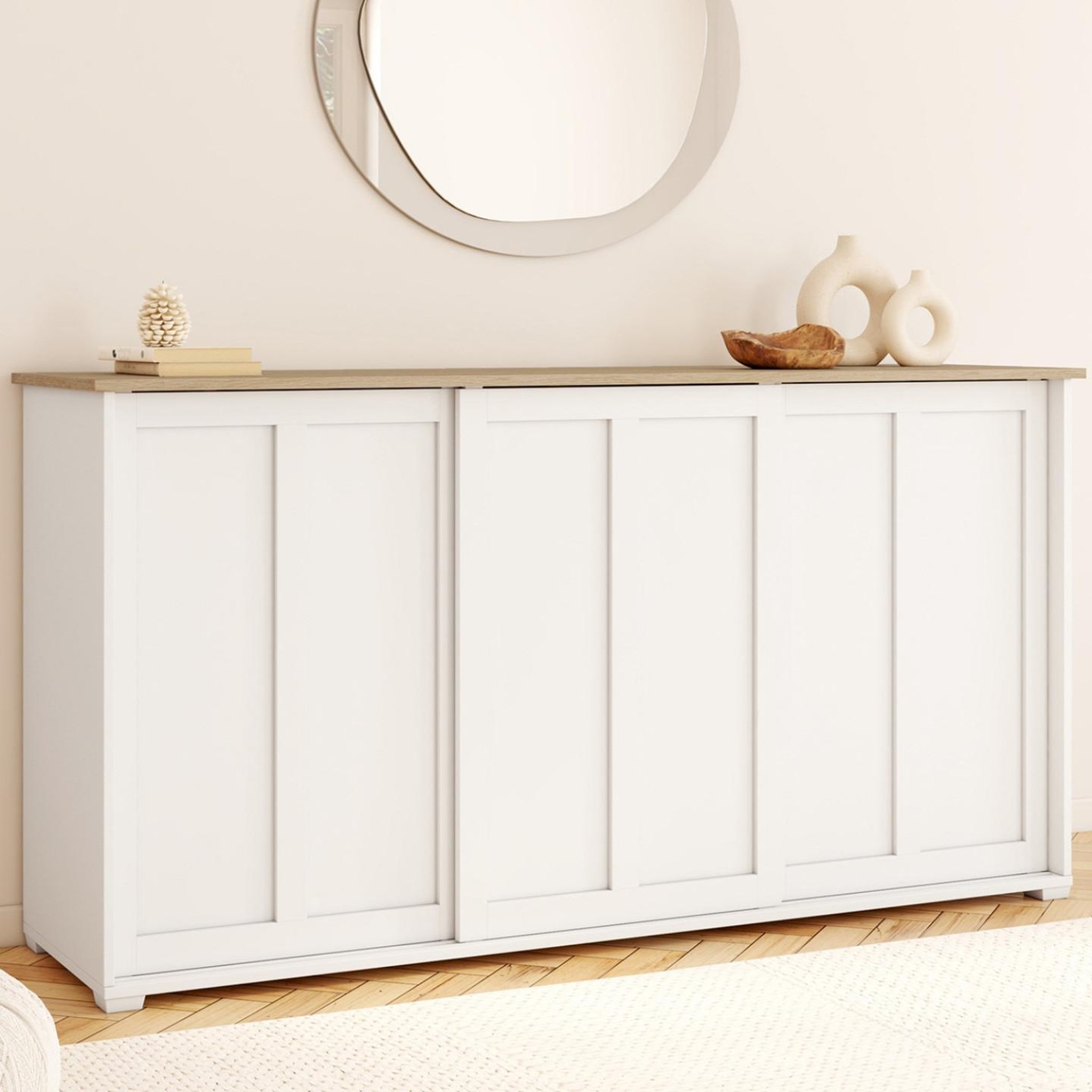 Voir la diapositive 2 : ID MARKET Buffet 160 cm JANGO 3 portes coulissantes blanc et plateau bois