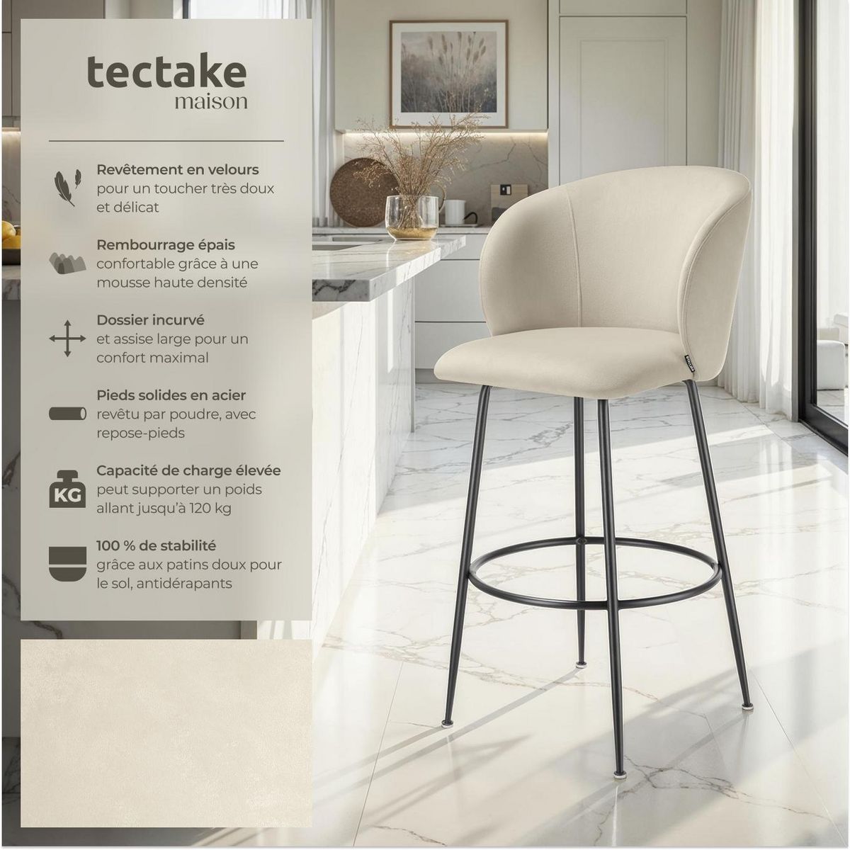 tectake Chaise de bar en velours rembourré crème/noir Ensemble de 4 pièces