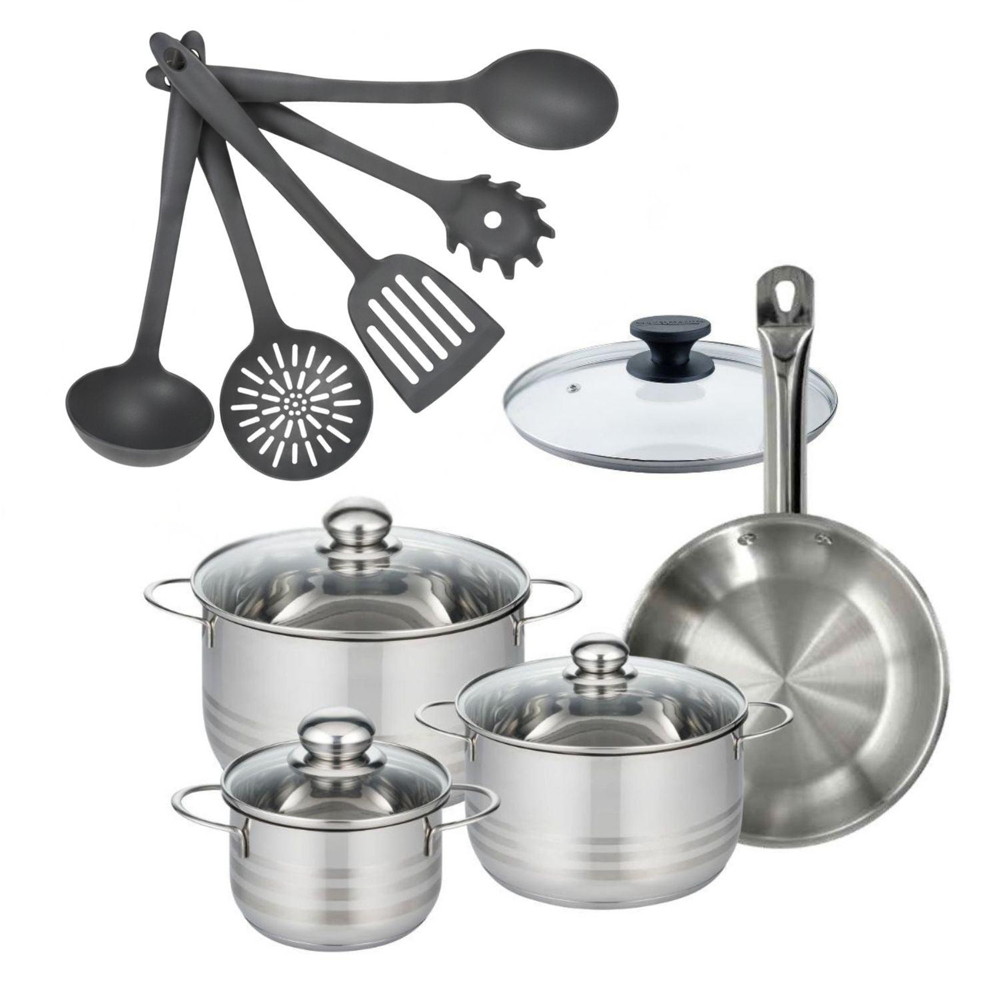 Fackelmann Batterie de cuisine avec 3 faitouts 16/20/24 cm et 1 poêle 24 cm avec 6 ustensiles de cuisine fackelmann etherna brillant clip avec couvercles