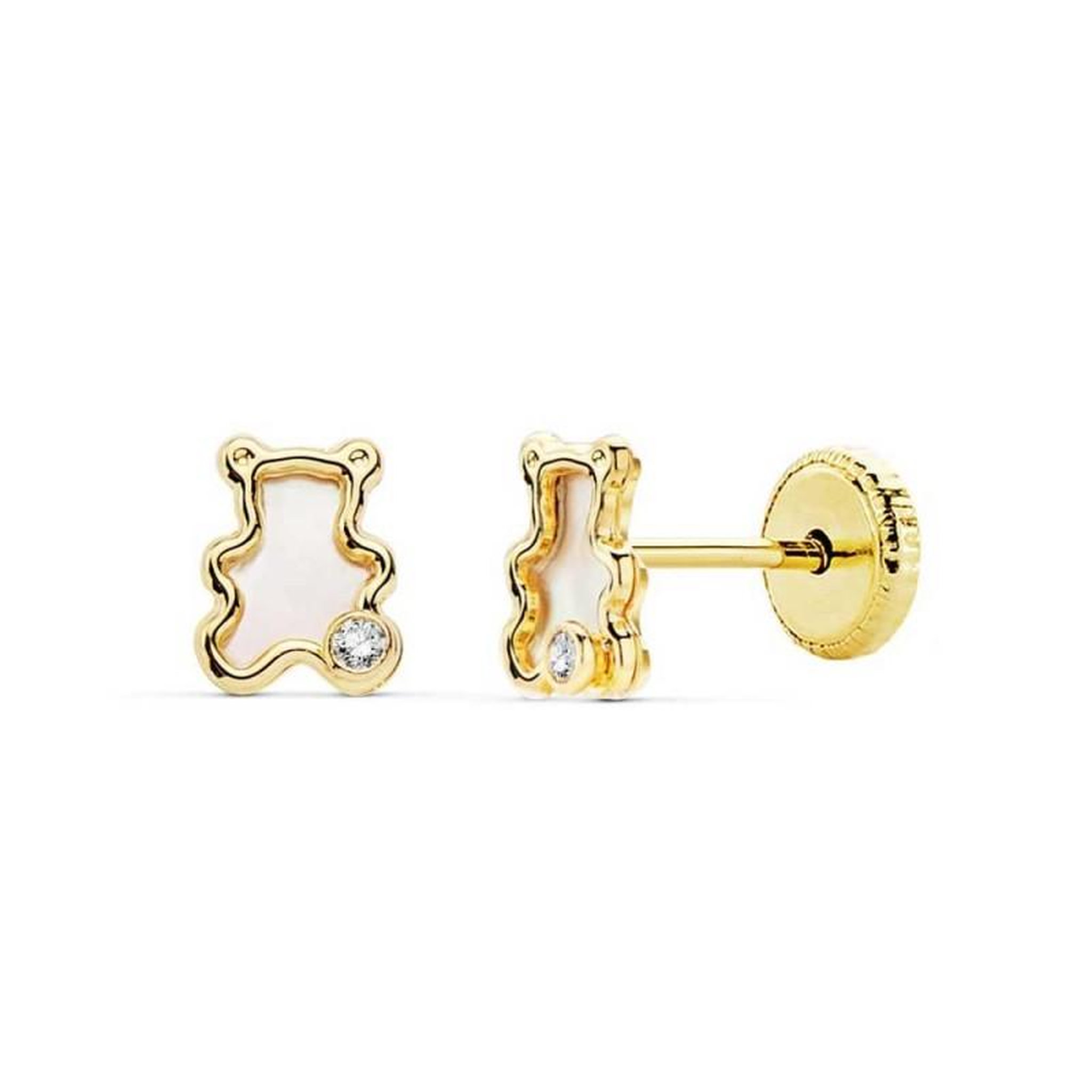Voir la diapositive 1 : L'ATELIER D'AZUR Boucles d'Oreilles Or 18 Carats 750/000 Jaune et Nacre - Oursons