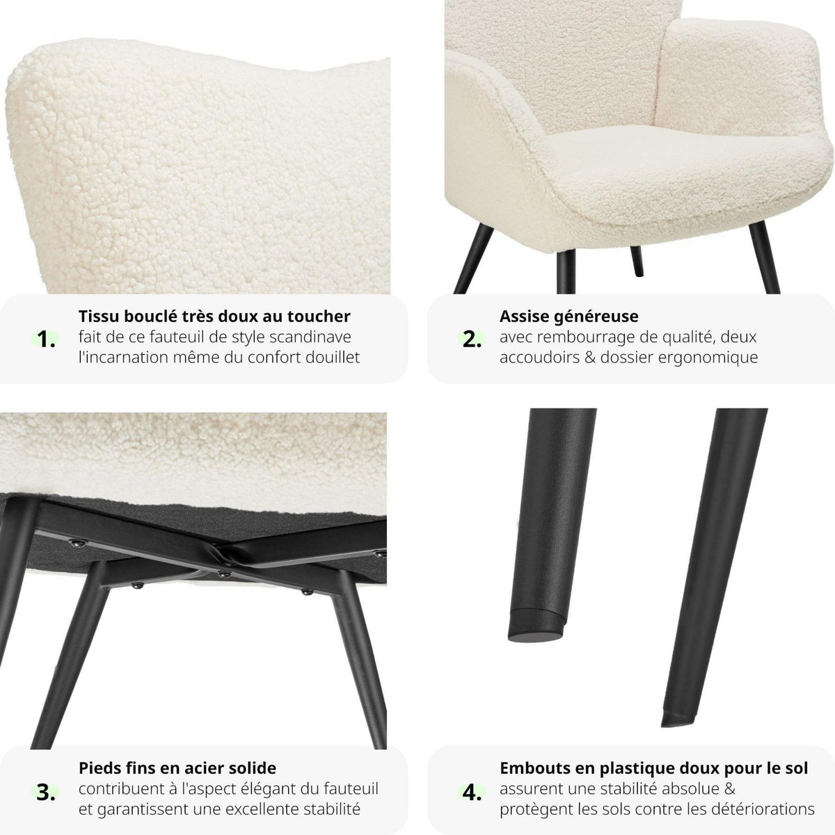 tectake Fauteuil rembourré Bouclé crème/noir
