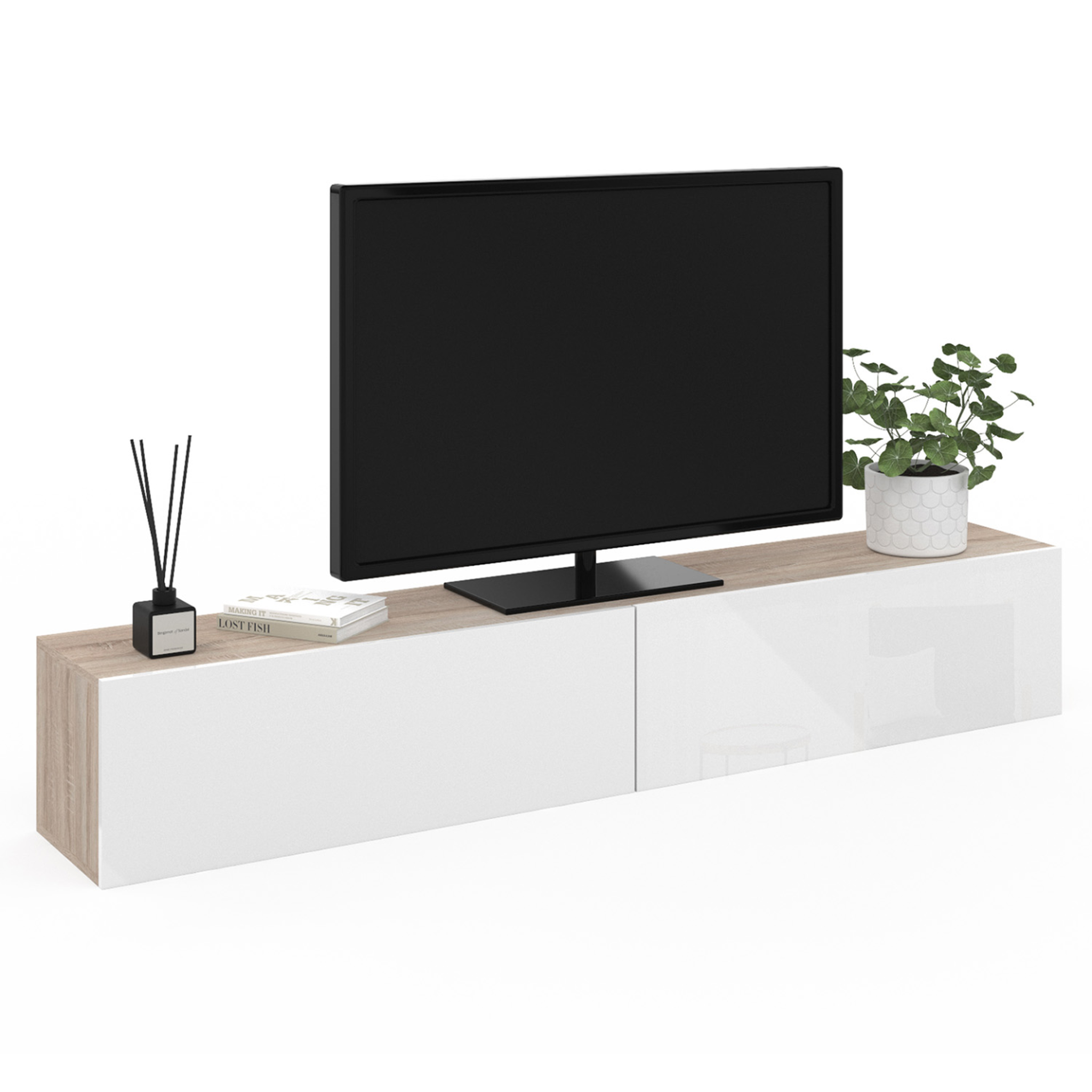 ID MARKET Meuble tv 180 cm suspendu elio 2 portes bois et blanc