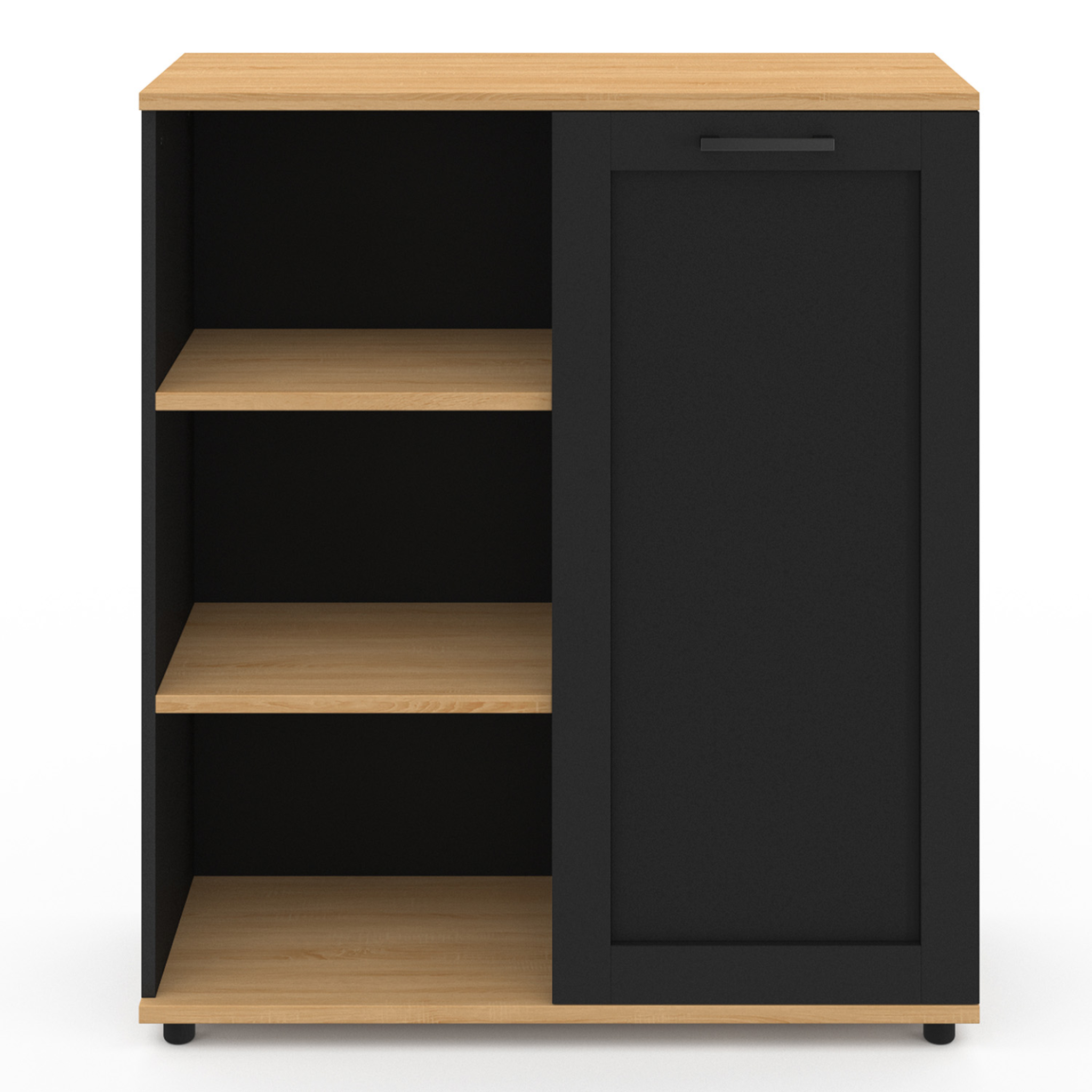 Voir la diapositive 3 : ID MARKET Buffet d'appoint 70 cm vito 3 étagères et placard noir et plateau bois
