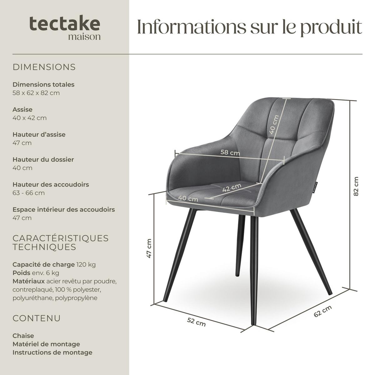 tectake Chaise de salle à manger rembourrée et en velours matelassé gris/noir