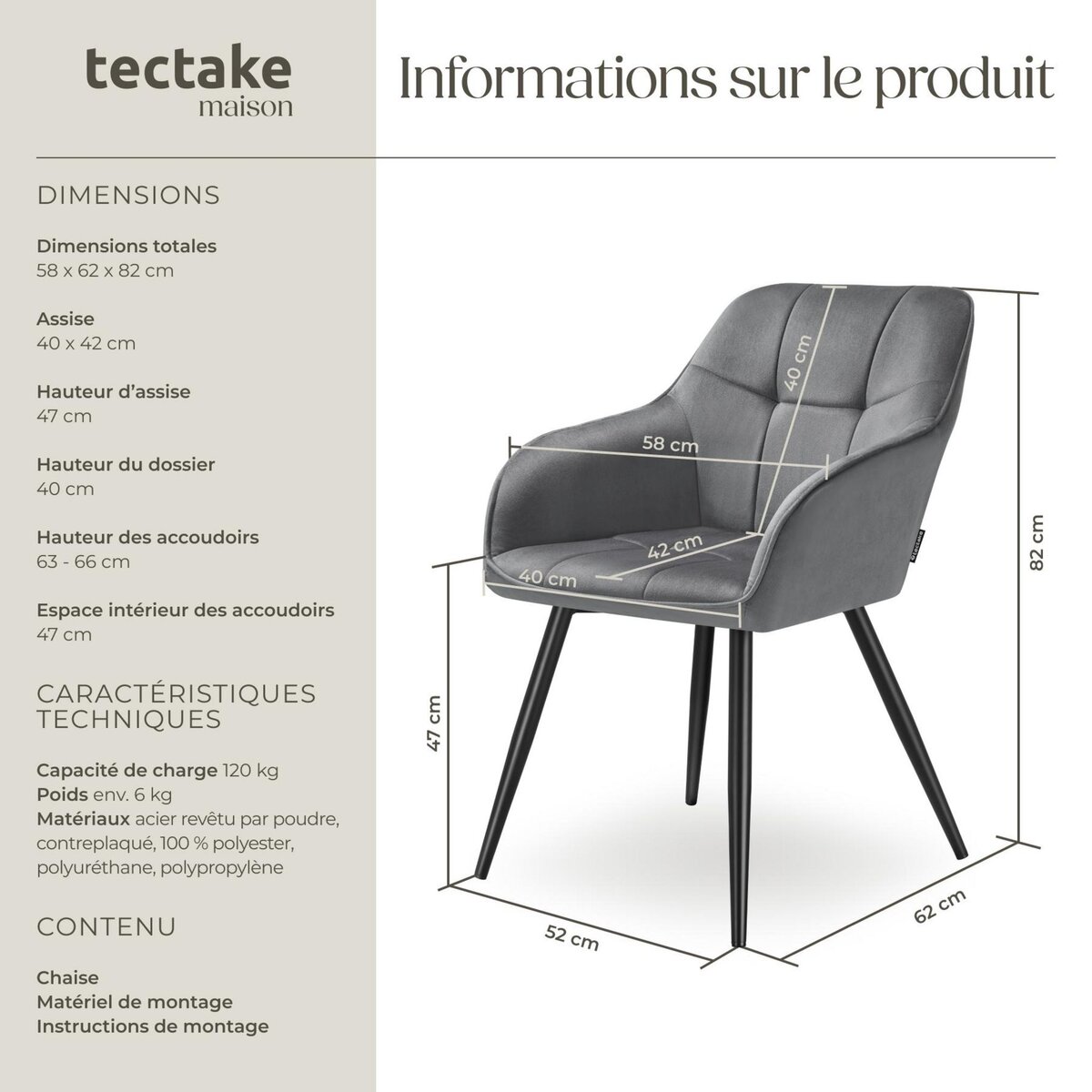 tectake Chaise de salle à manger rembourrée et en velours matelassé gris/noir