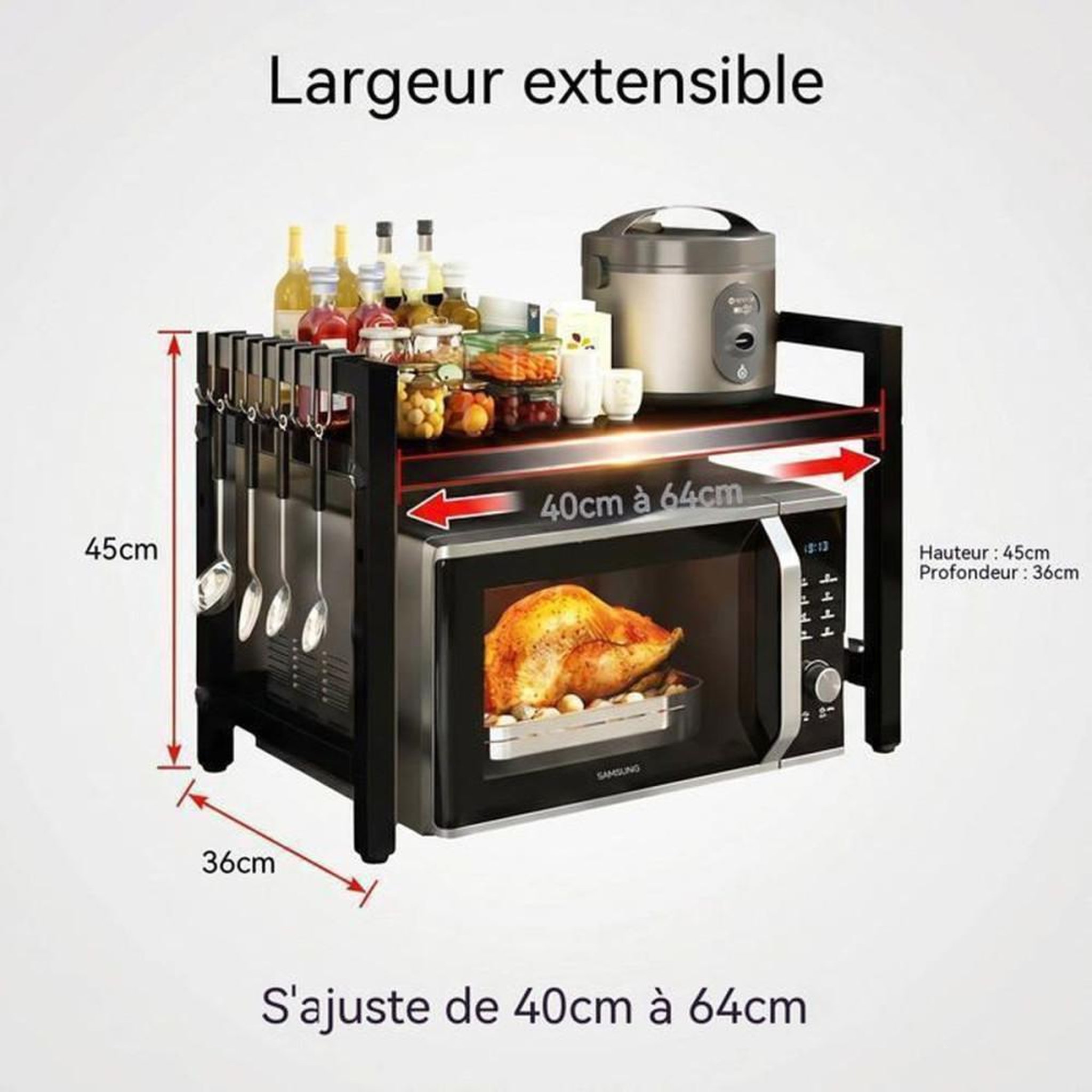 Voir la diapositive 6 : NO BRAND Support micro-ondes extensible noir en métal avec rangement de comptoir pliable, largeur 36 à 58 cm (jusqu'à 40 à 64 cm)