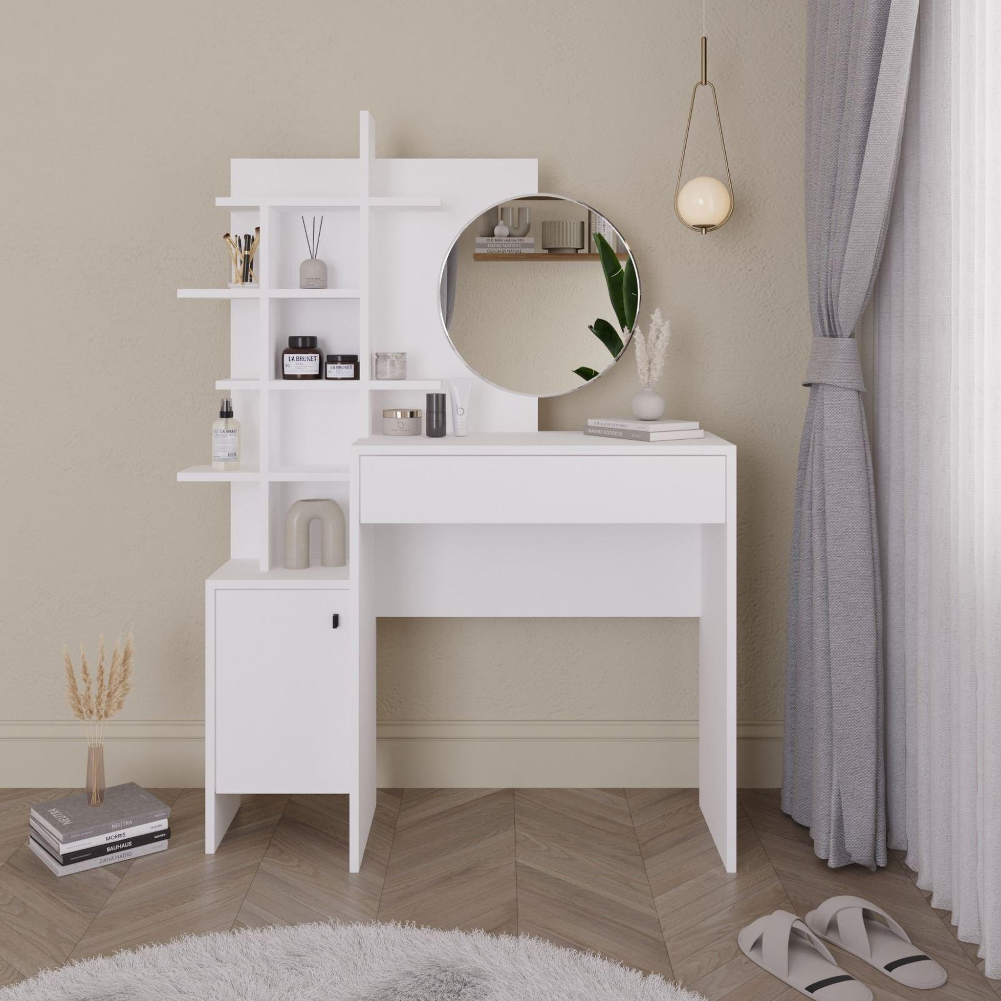 Voir la diapositive 2 : Habitat et Jardin Table de maquillage en bois  Mup  105 x 35 x 151 cm - Blanc