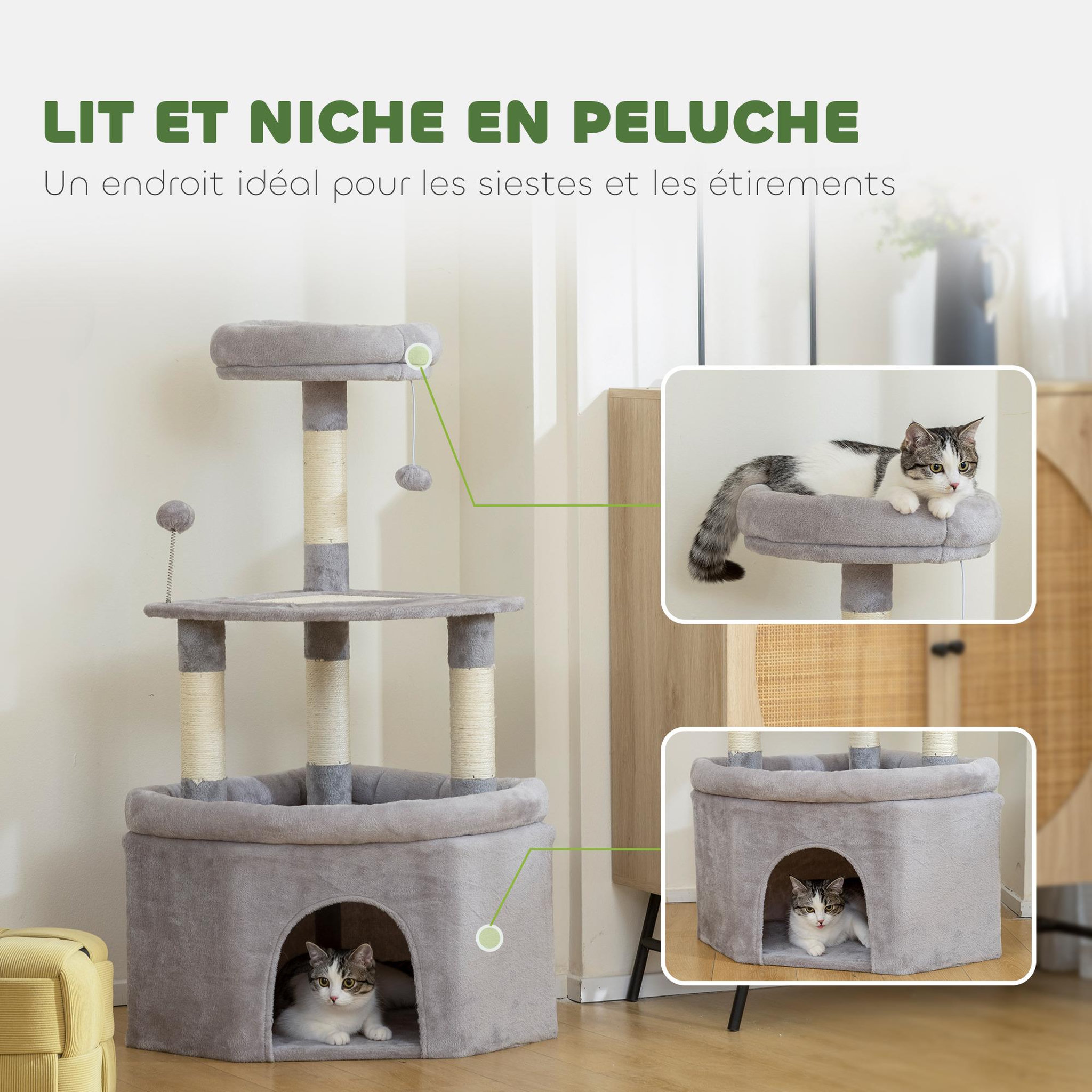 Voir la diapositive 5 : PAWHUT Arbre à chat d'angle h.114cm griffoirs grattoir grande niche plateformes gris