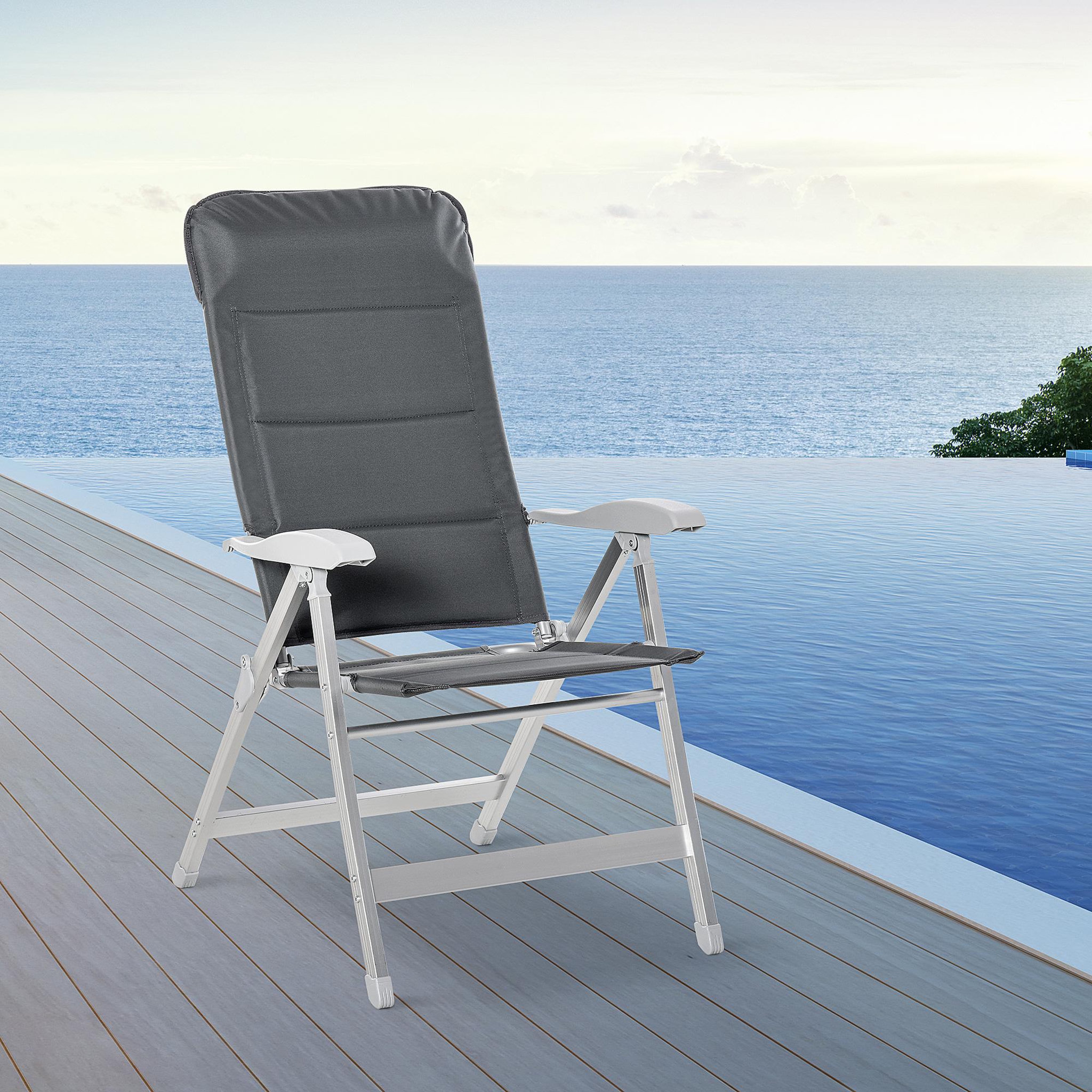 Voir la diapositive 2 : OUTSUNNY Chaise de jardin pliante dossier haut inclinable multipositions accoudoirs tétière alu. oxford déperlant gris
