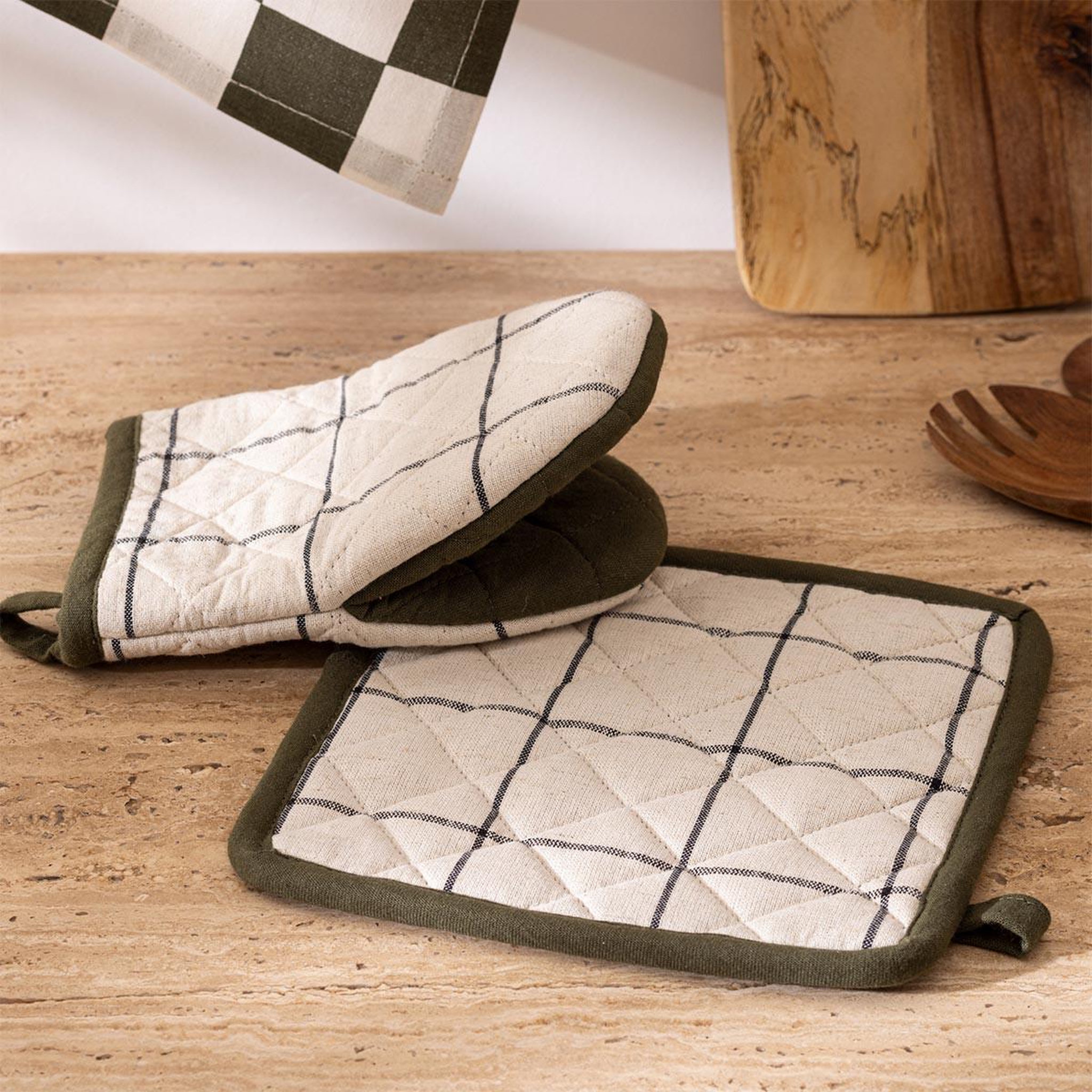 Voir la diapositive 2 : ATMOSPHERA Gant & manique à carreaux  family corner  20cm beige & kaki