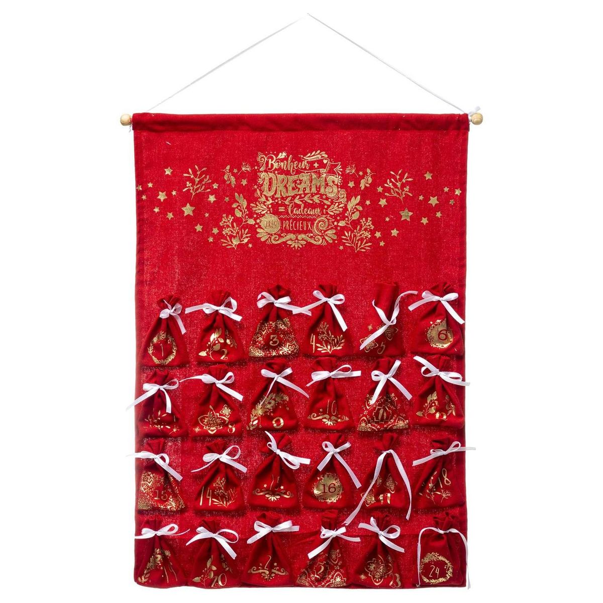 ATMOSPHERA Calendrier de l'avent à suspendre avec 24 pochons - H. 65 cm - Rouge