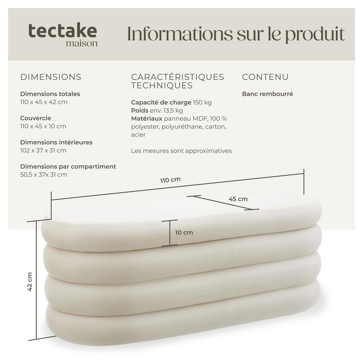 tectake Banc rembourré 2 grands compartiments de rangement Aspect velours crème/ blanc