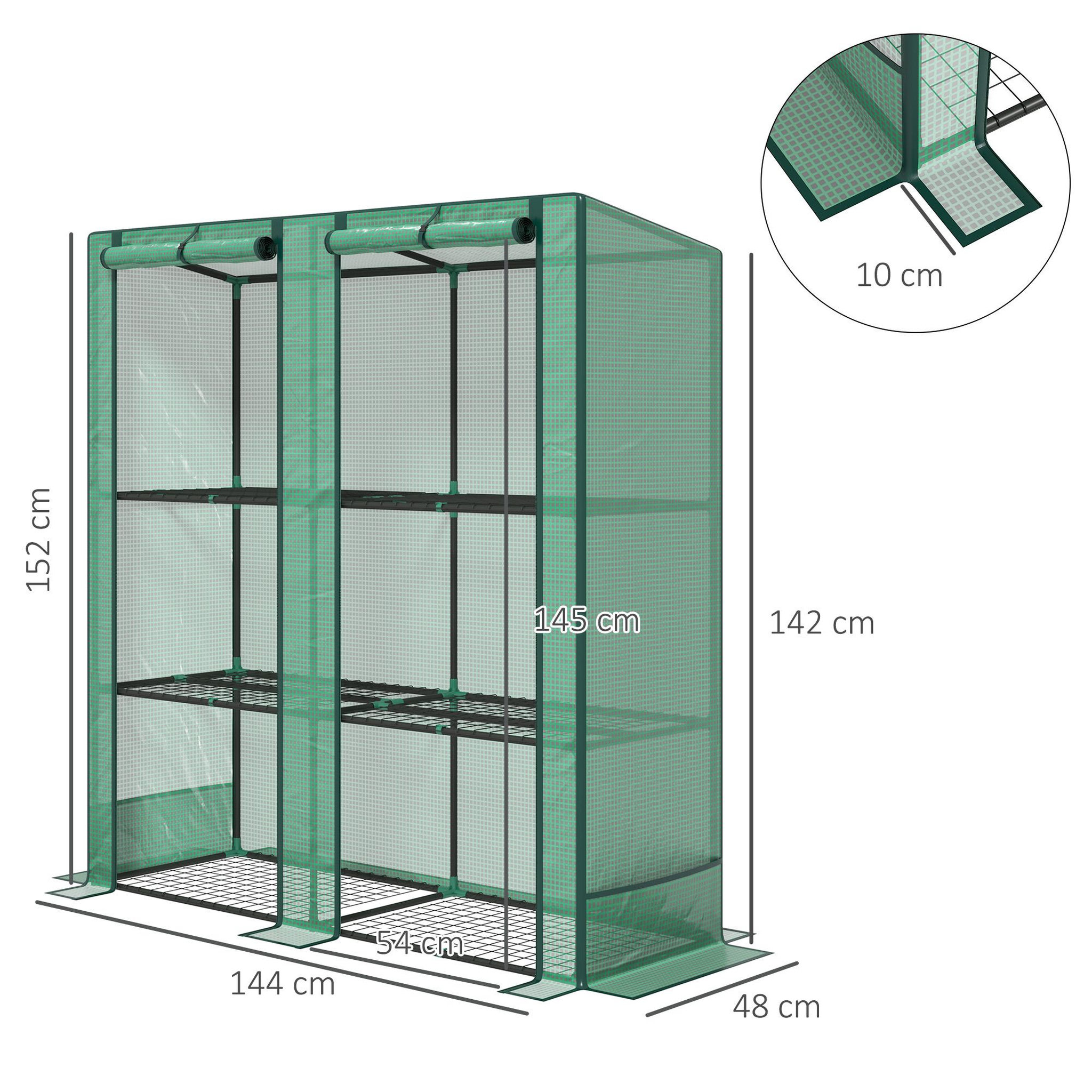 Voir la diapositive 3 : OUTSUNNY Serre de jardin balcon avec étagères métalliques 3 niveaux 2 portes acier noir pe vert
