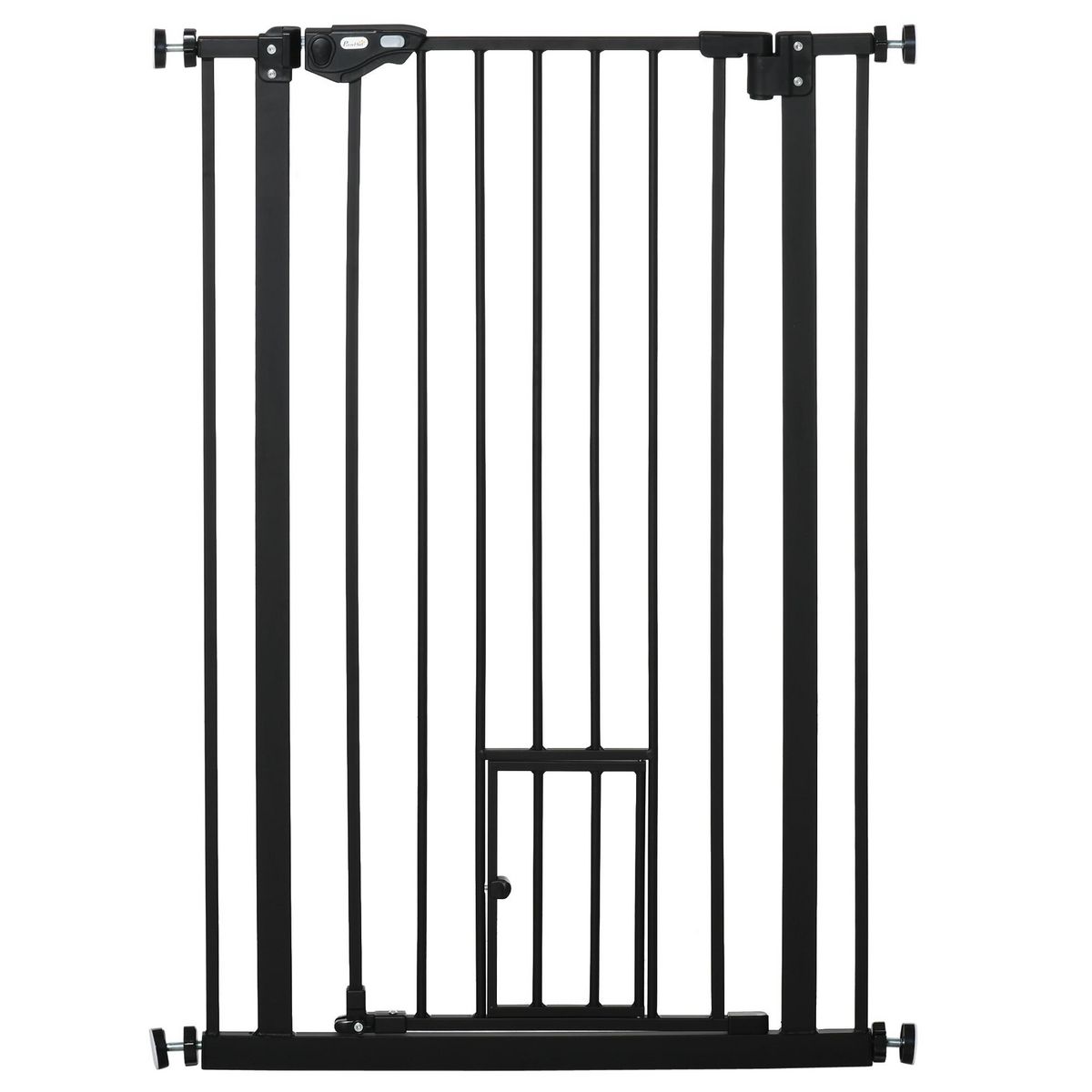 PAWHUT Barrière de sécurité animaux - longueur réglable dim. 74-80 cm - porte double verrouillage, ouverture double sens, petite porte -sans perçage - acier plastique noir