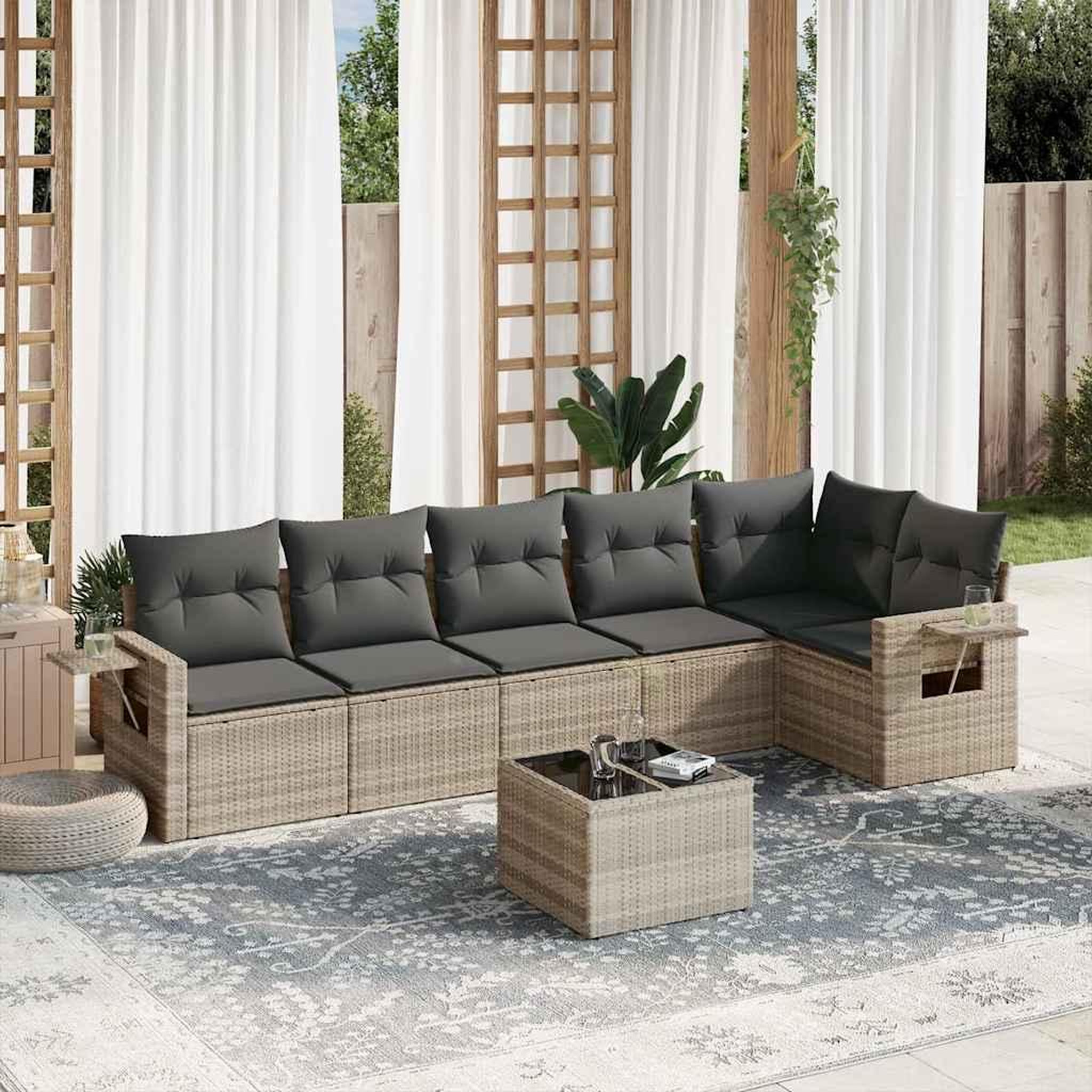 VIDAXL Salon de jardin avec coussins 7 pcs gris clair resine tressee