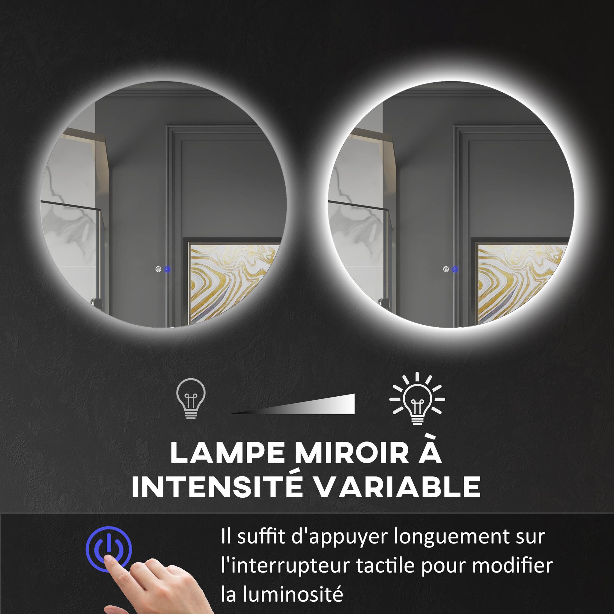Voir la diapositive 5 : KLEANKIN Miroir rond lumineux led de salle de bain 60 cm avec éclairage interrupteur tactile système antibuée miroir mural led à luminosité réglable 29 w gris