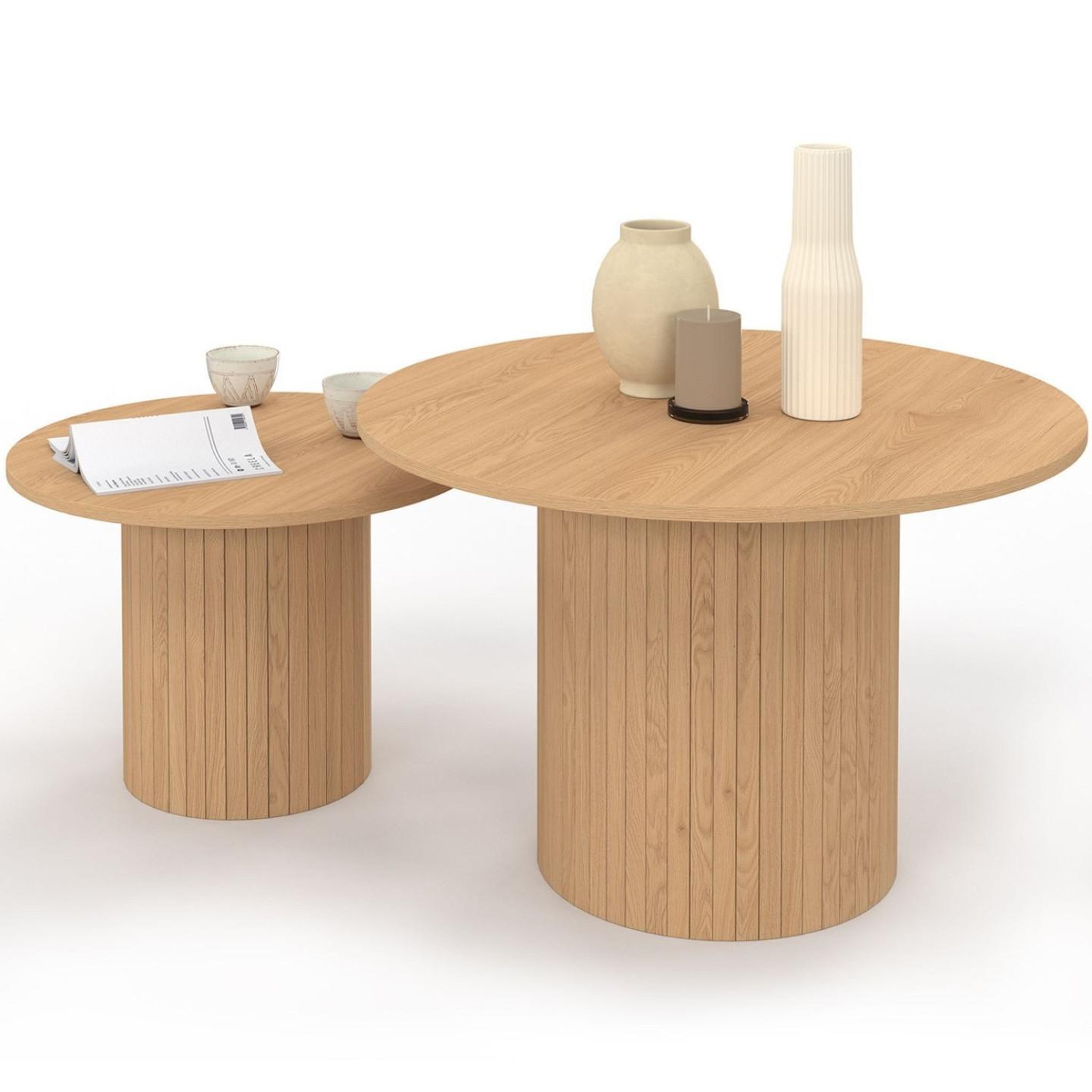 ID MARKET Lot de 2 tables basses gigognes juliette rondes 50/70 effet lattes tasseau bois coloris chêne