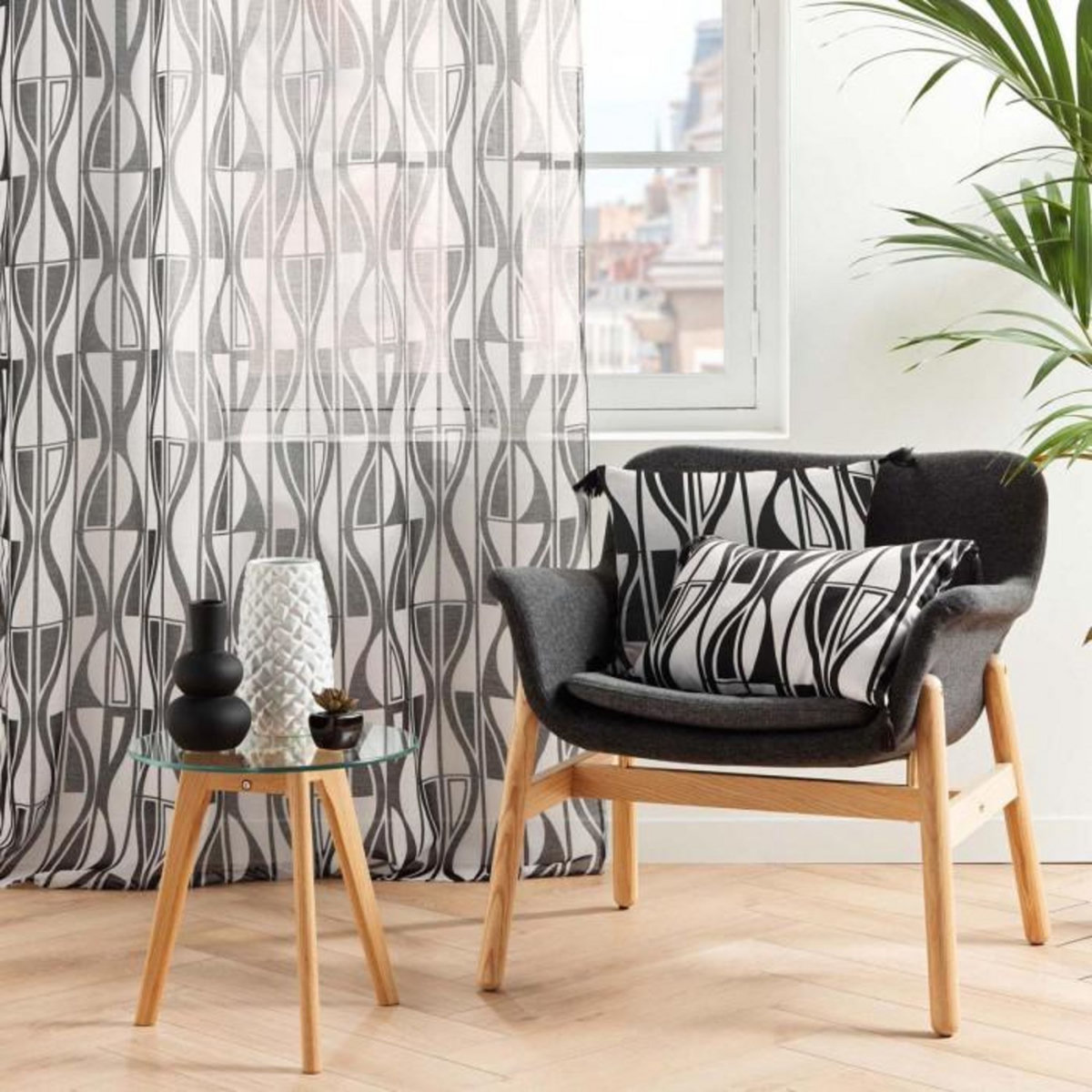 Paris Prix Rideau Voilage à Œillets  Ikaris  140x240cm Noir & Blanc