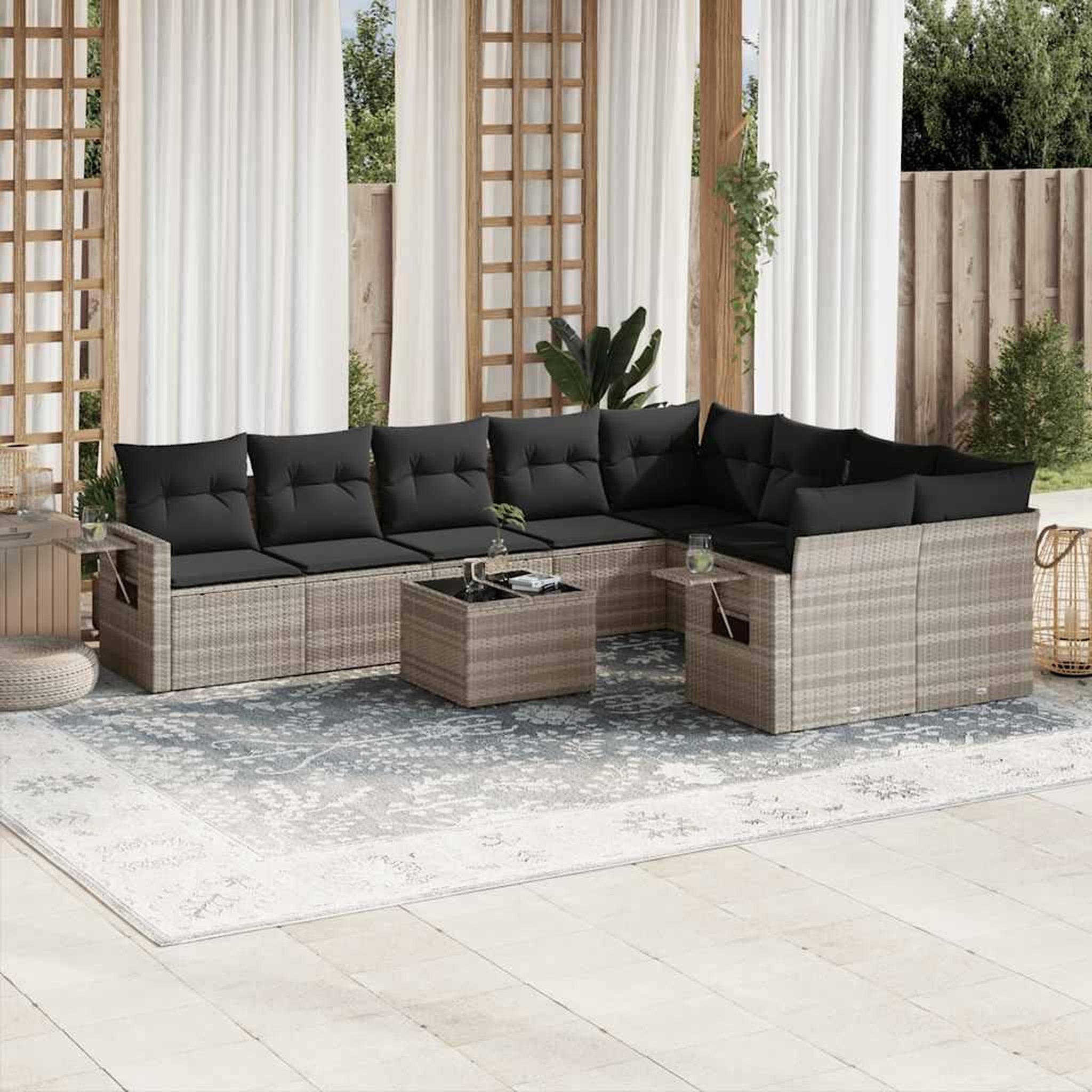 VIDAXL Salon de jardin avec coussins 10 pcs gris clair resine tressee