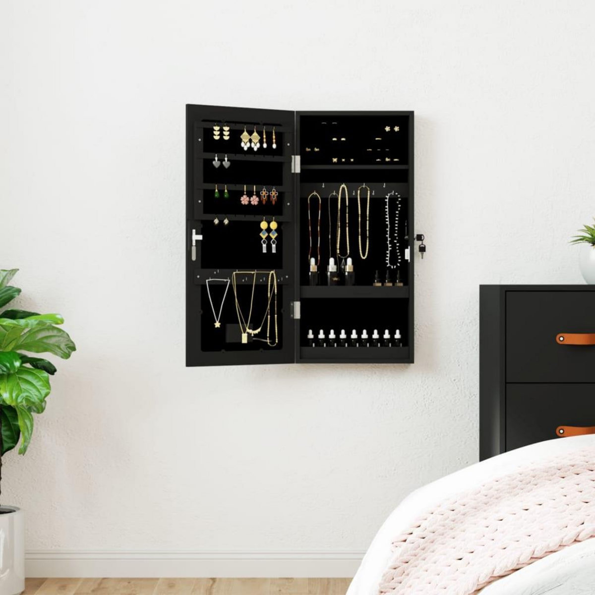 VIDAXL Armoire a bijoux avec miroir et eclairage LED mural noir