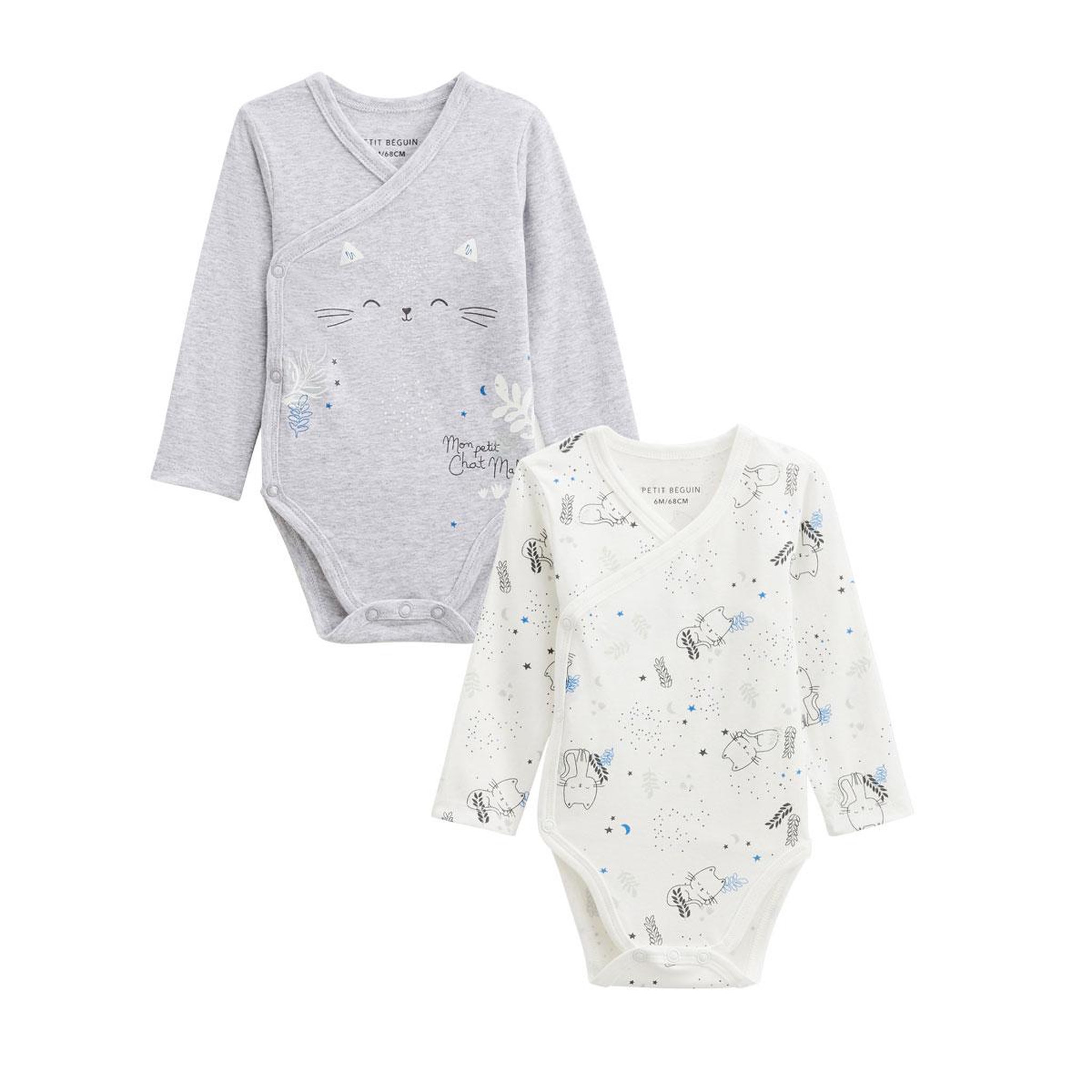 Voir la diapositive 1 : Petit Béguin Lot de 2 bodies bébé manches longues ouverture croisée Chatmallow