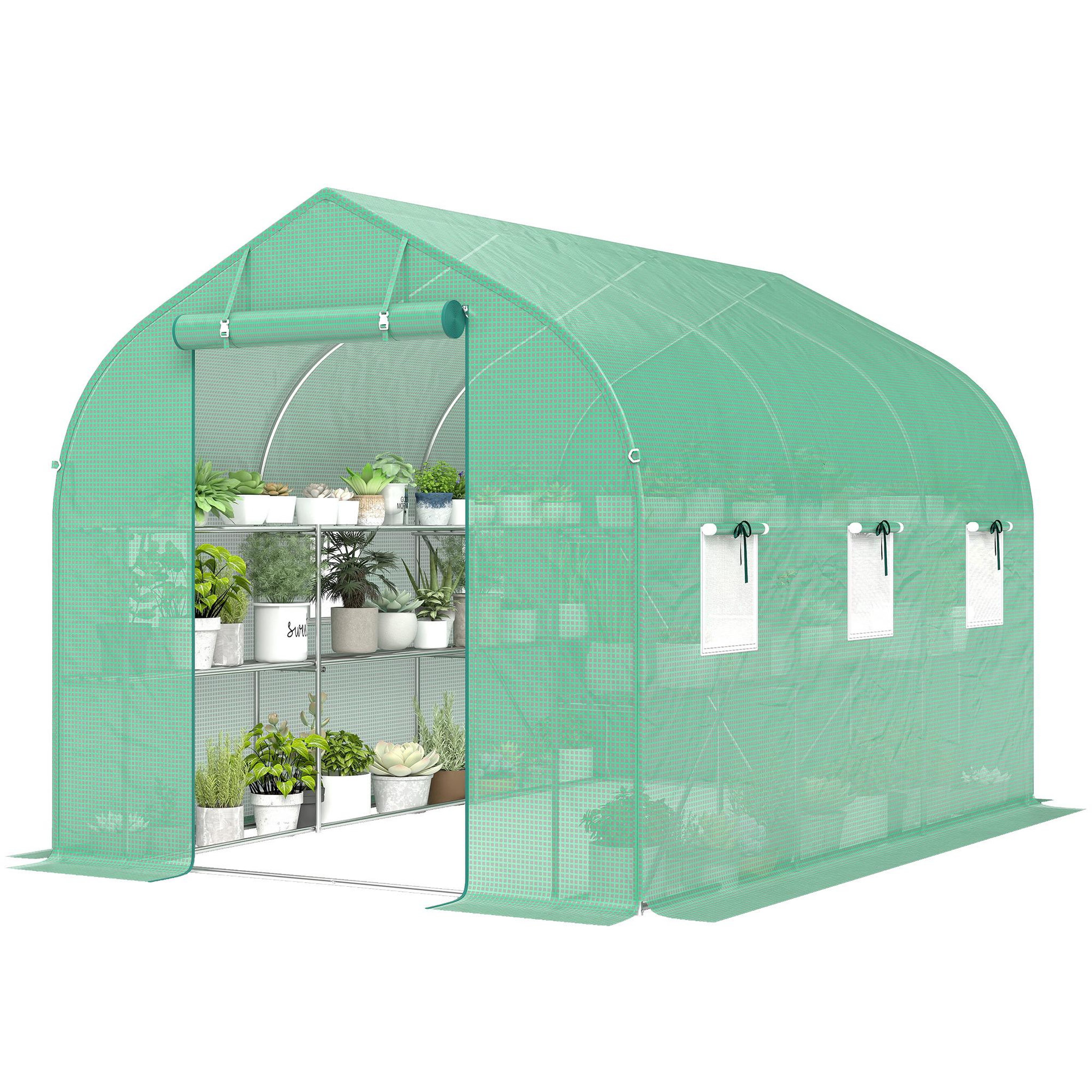 Voir la diapositive 5 : OUTSUNNY Serre tunnel de jardin étagères 6 fenêtres bâche pe acier vert