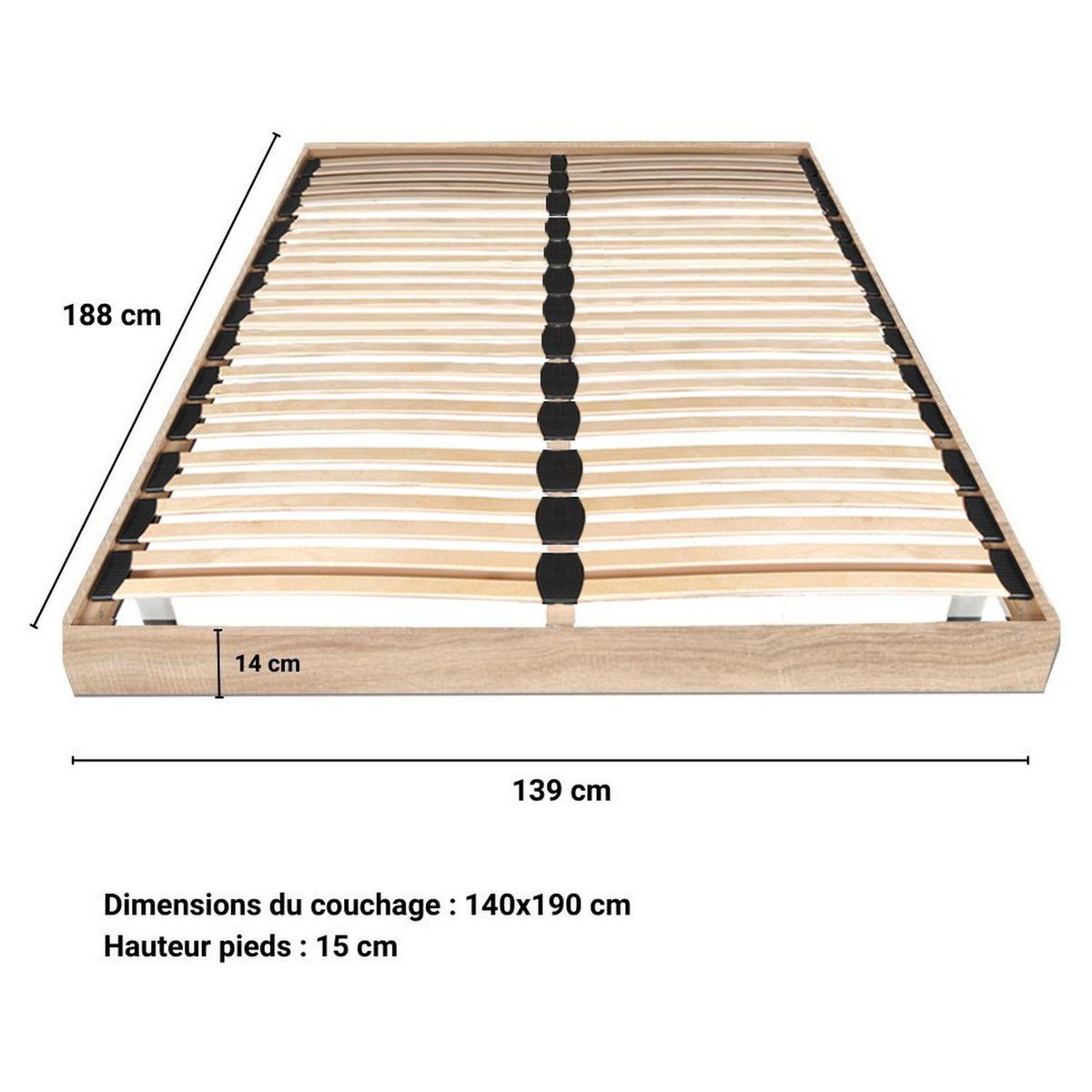 Sommier cadre à lattes sur pieds 140x190 cm 2x24 lattes  ASCQ