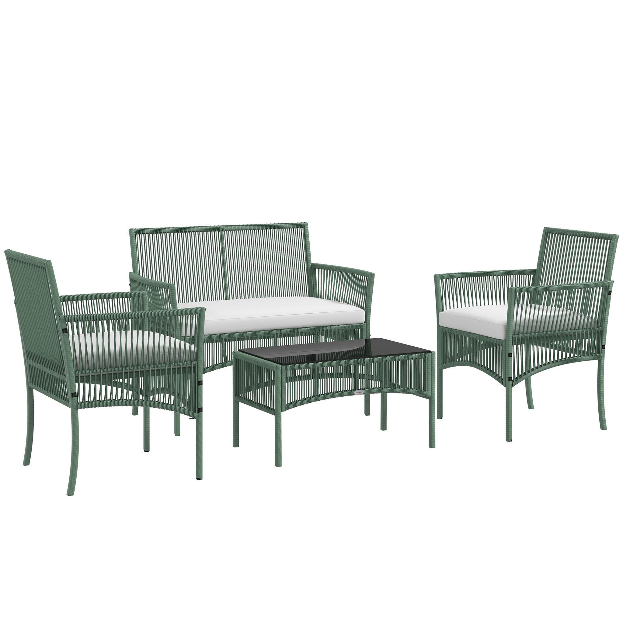 OUTSUNNY Salon de jardin 4 places 4 pièces style colonial table basse coussins inclus résine tressée filée aspect rotin vert
