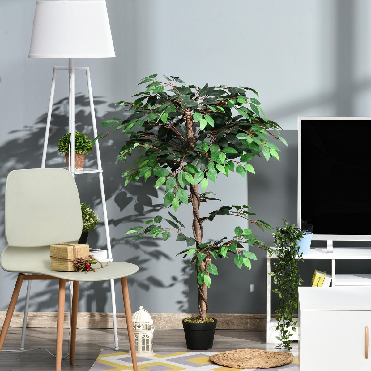 OUTSUNNY Arbre artificiel plante artificiel ficus hauteur 1,2 m tronc branches liane lichen feuilles grand réalisme pot inclus