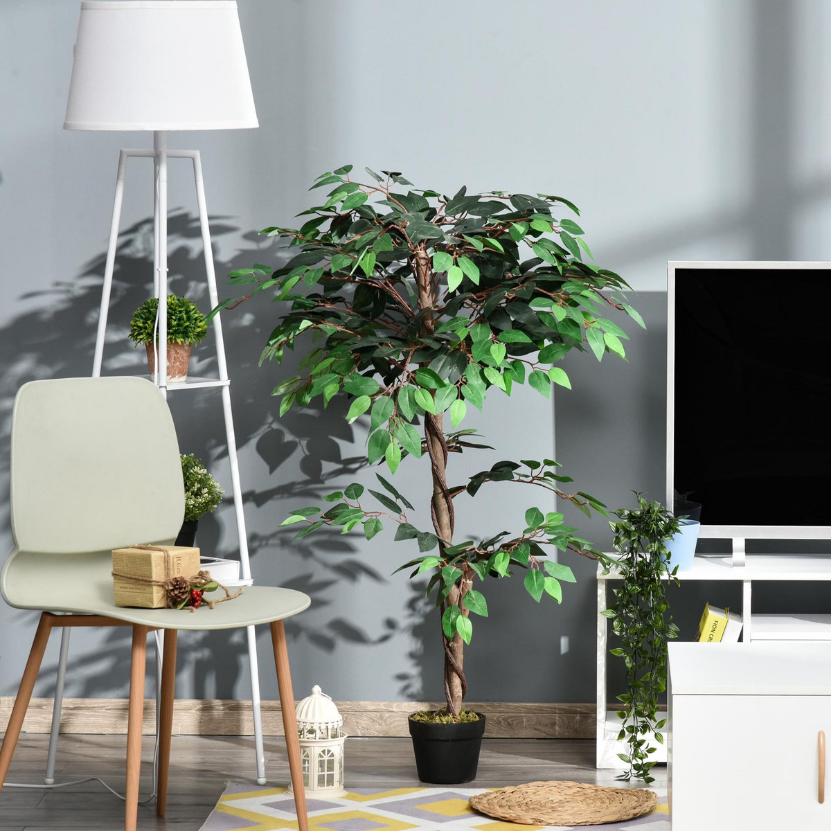 OUTSUNNY Arbre artificiel plante artificiel ficus hauteur 1,2 m tronc branches liane lichen feuilles grand réalisme pot inclus